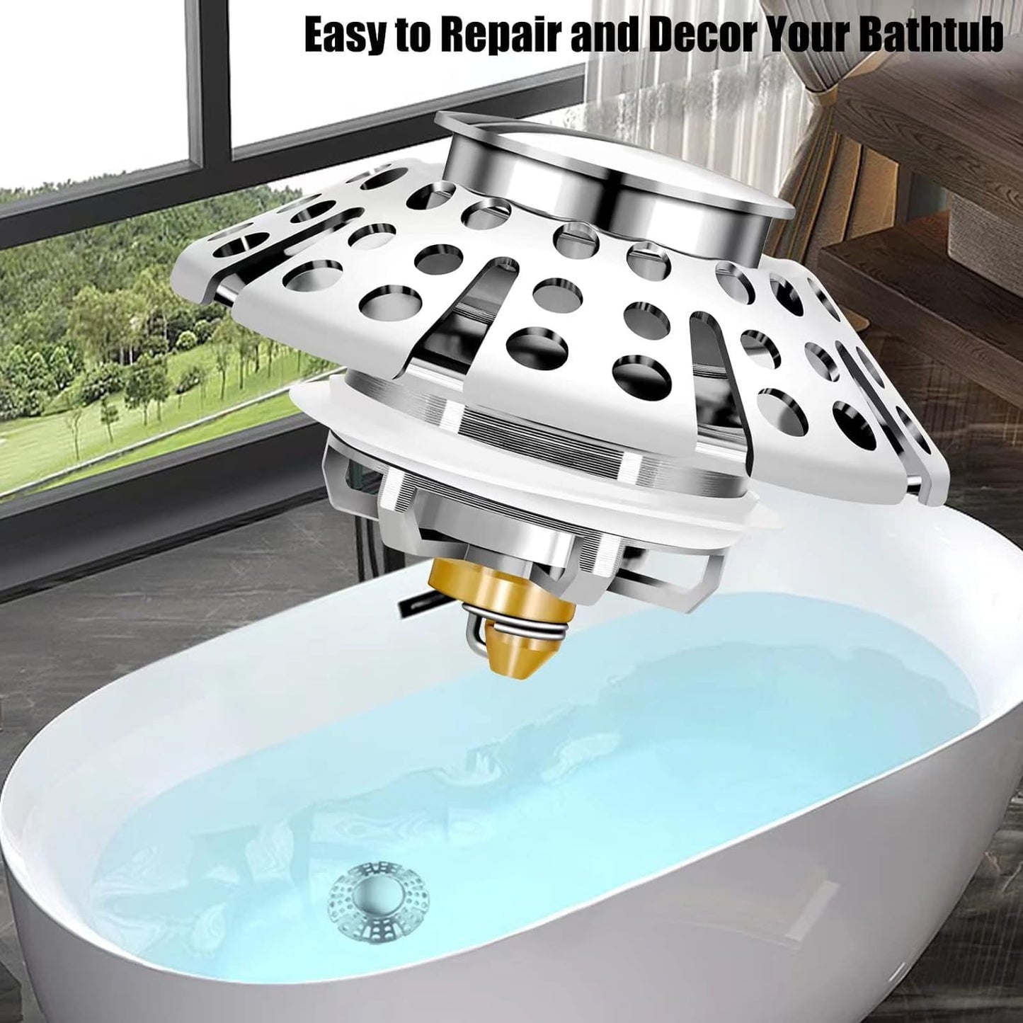 Bathtub Drain Stopper, Pop Up Tub Stopper with Drain Hair Catcher, Bathtub Plug and Cover with Strainer, Universal for 1.5 to 1.8in Tub Drain Hole