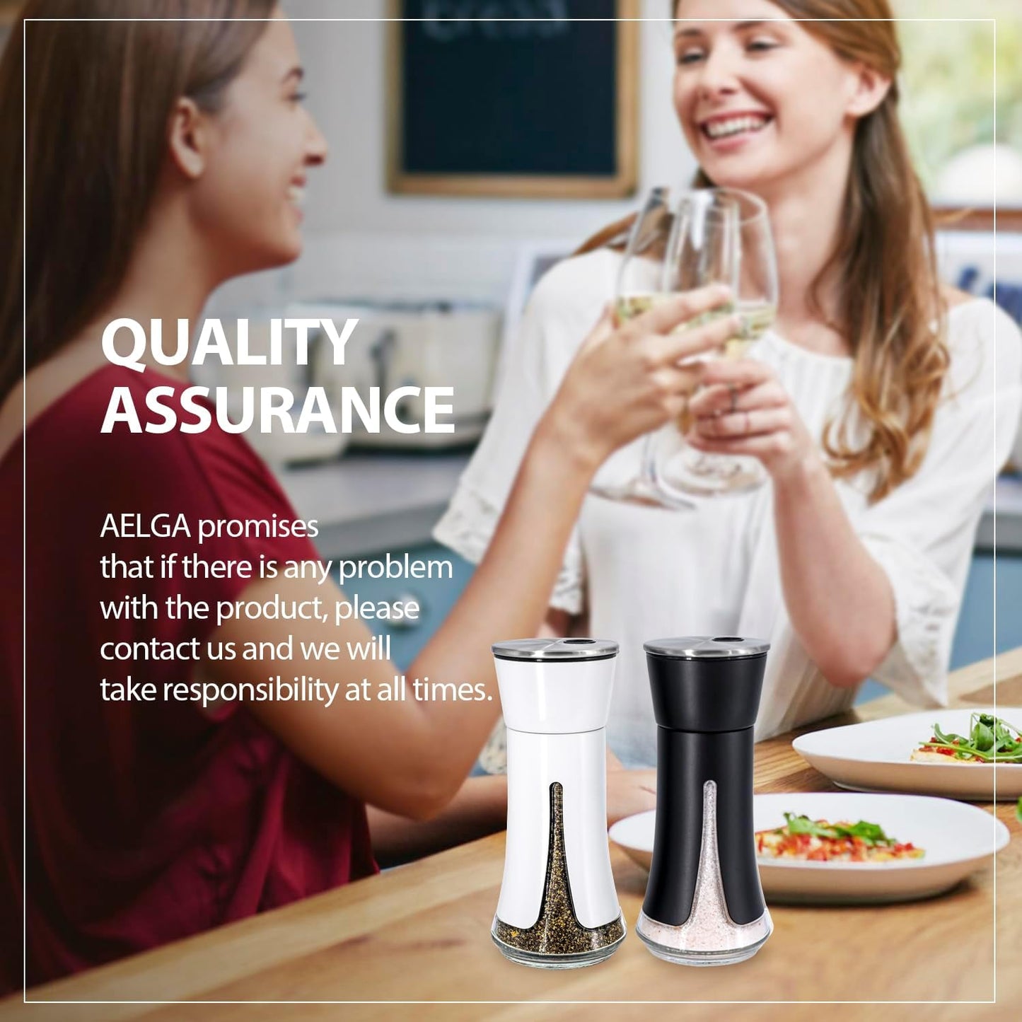 Farmhouse Salt and Pepper Shakers by Aelga - Salt Shaker with Adjustable Pour Holes for Himalayan, Kosher, Black and White