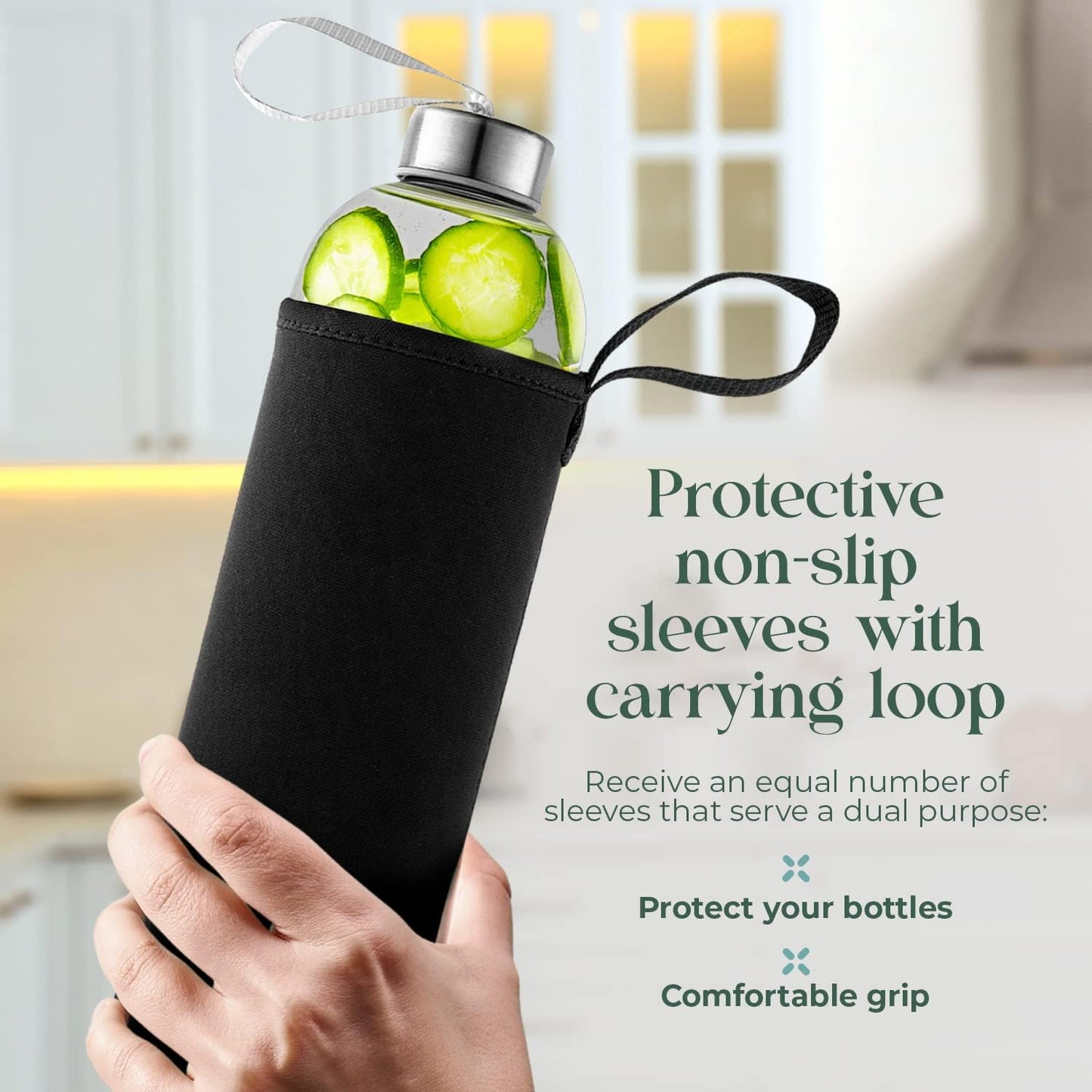 16 Ounce Glass Water Bottles, Reusable Water Bottles with Airtight, Pack of 12, Stainless Steel Lids Carrying Strap And Nylon Water Bottle Protective Sleeves for Hot Or Cold Drinks