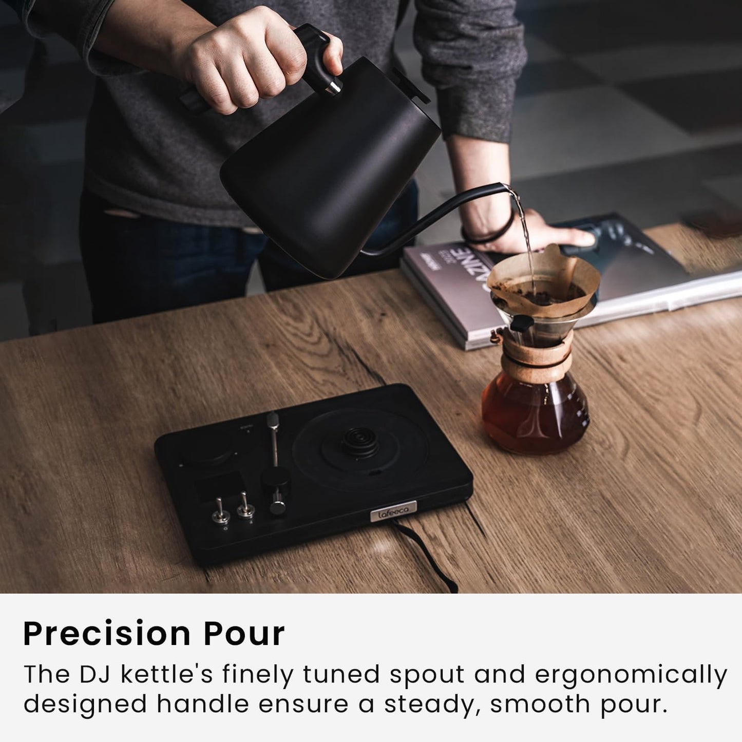 DJ Electric Gooseneck Kettle - Pour Over Coffee & Tea - Turntable Design - Water Boiler - Quick Heating & Temperature Control - Black