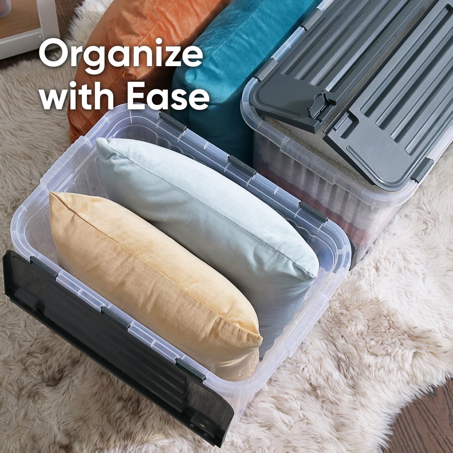 Superio Clear Storage Boxes with Attached Lids, Plastic Container Bins with Hinged Lids for Organizing, Stackable Crates, BPA Free, Non Toxic Organizers (4 Pack, 17"x11.65"x8.75")