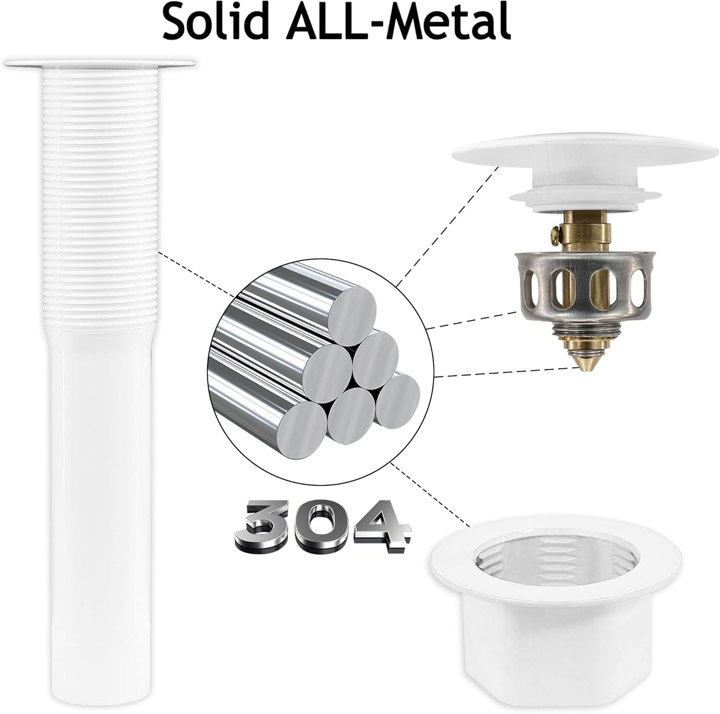 Bathroom Sink Drain,Drain Stopper Bathroom Sink Without Overflow,Pop Up Drain Assembly with Detachable Strainer Basket,Built-in Anti-Clogging, Stainless Steel Nut White