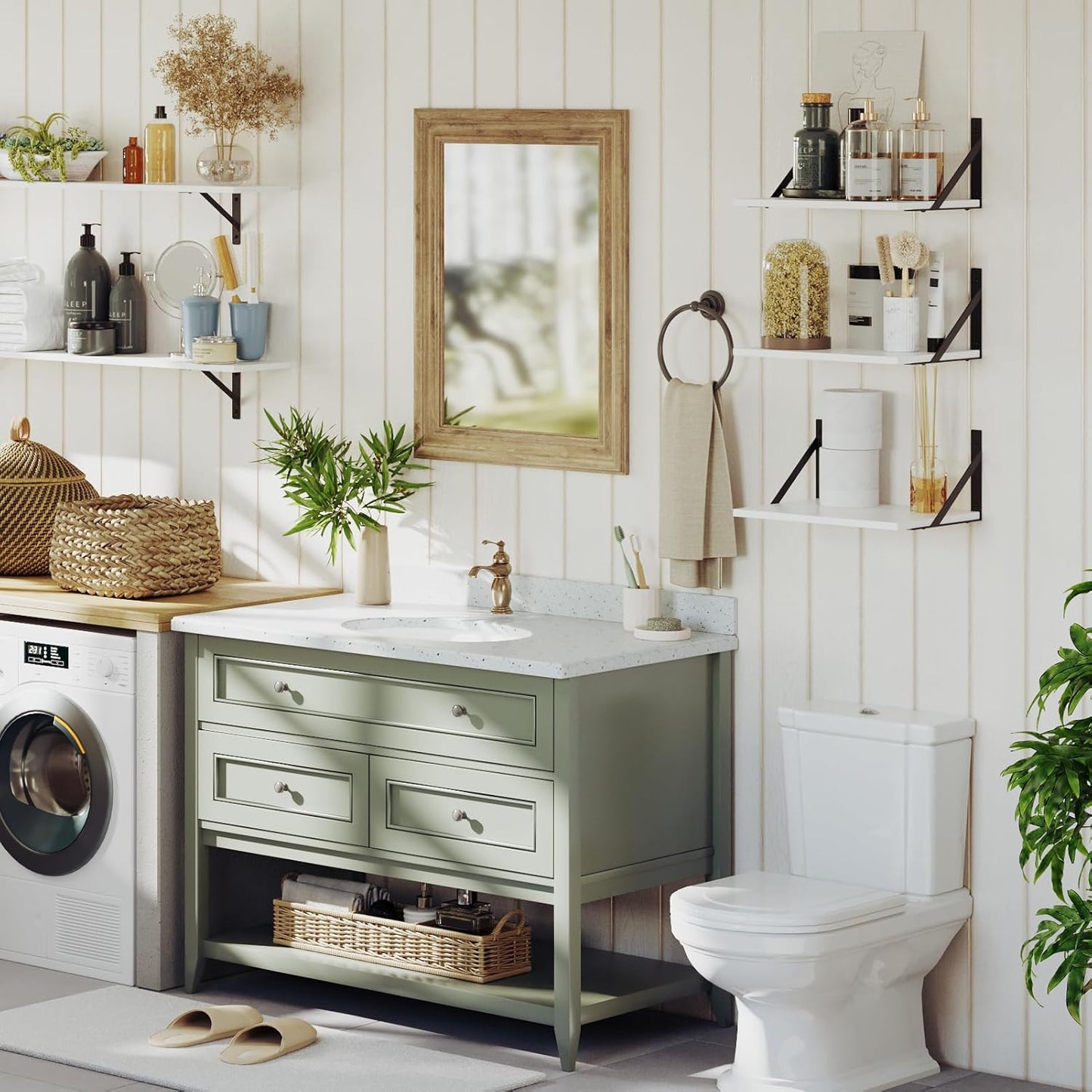 DINZI LVJ Deep Floating Shelves, 16 W x 12" D Wall Shelves Set of 2, Wide Display Shelf Wall Mounted with Brackets, Easy-to-Install Floating Bookshelf for Living Room, Bathroom, Bedroom, White