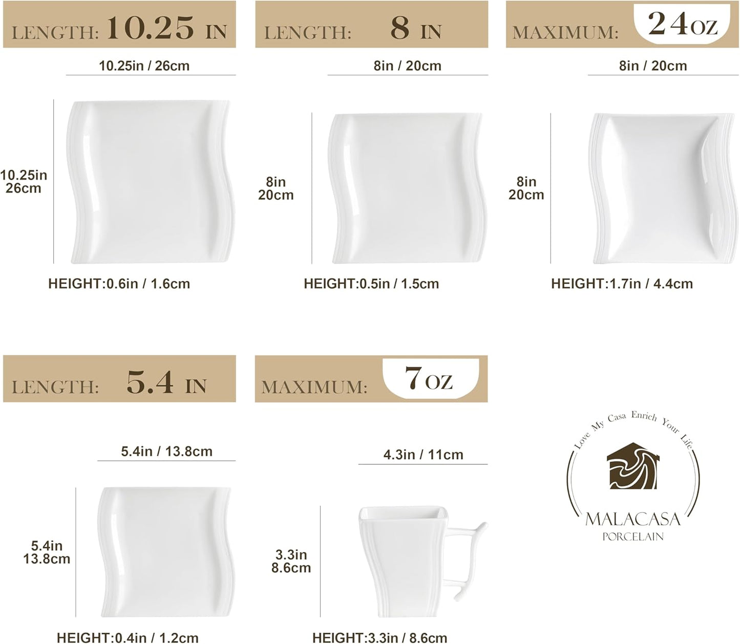 MALACASA Ivory White Dinnerware Sets, 30-Piece Porcelain Plates and Bowls Sets, Modern Dish Set for 6, Square Plates Dinnerware Set Kitchen Dishware Sets, Microwave and Dishwasher Safe, Series Flora