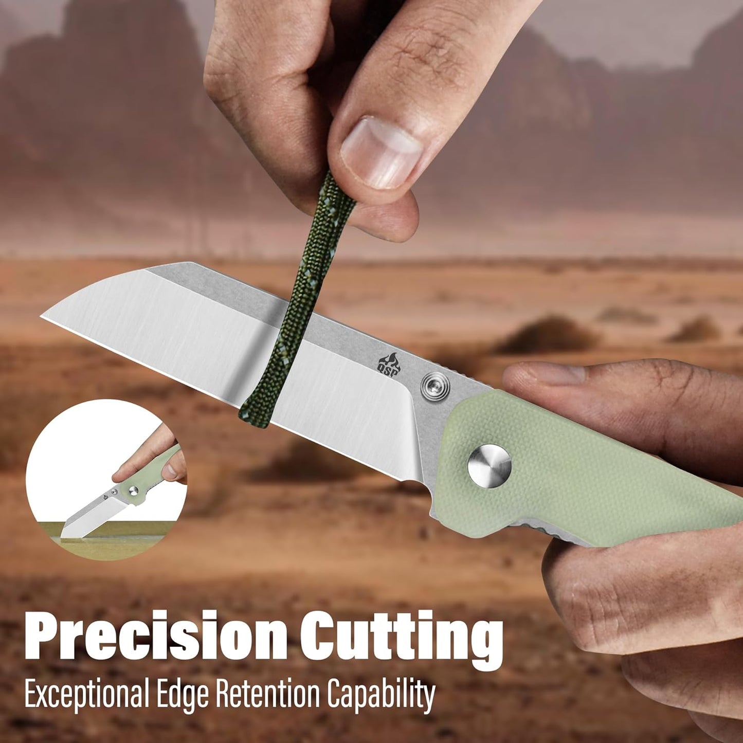 QSP Penguin V2 Folding Pocket Knife, 3.06" D2 Two Tone Finish Stonewash Satin Blade EDC Knife, Jade G10 Handle, Liner Lock, Ceramic Ball Bearings, Reversible SS Deep Carry Clip