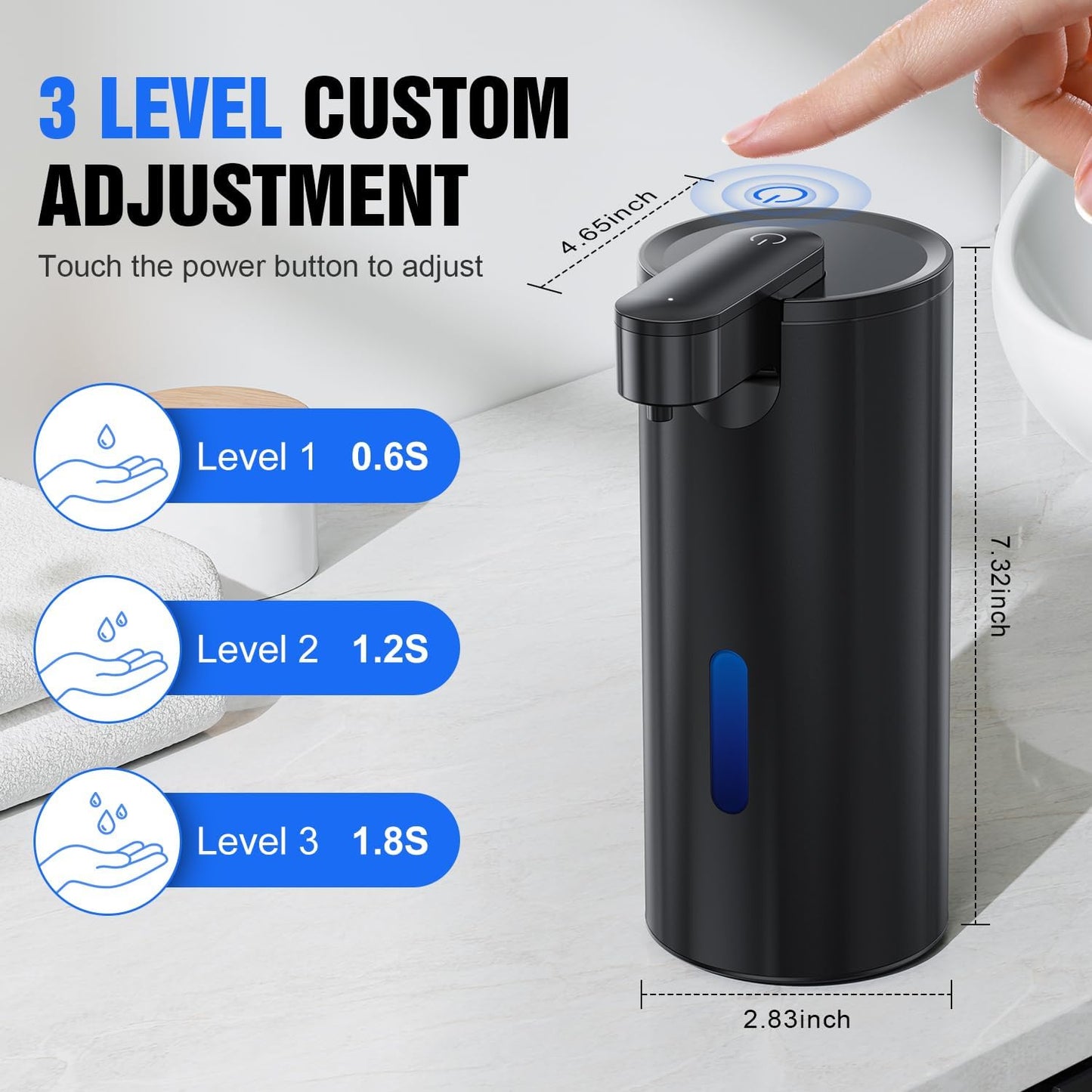 Automatic Soap Dispenser Touchless, Stainless Steel 11.5 oz 3 Levels Adjustable Hand Soap Dispenser with Rechargeable Sensor Pump for Kitchen & Bathroom Liquid Soap, Black