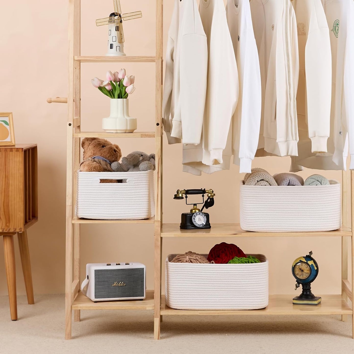 Large Storage Baskets for Shelves, Closet Organizers Bins for Clothes Blanket Towels, Baby Nursery, Toy Baskets Box, Woven Rope Baskets, 17 x 13 x 7.5”, 3 Packs Off White