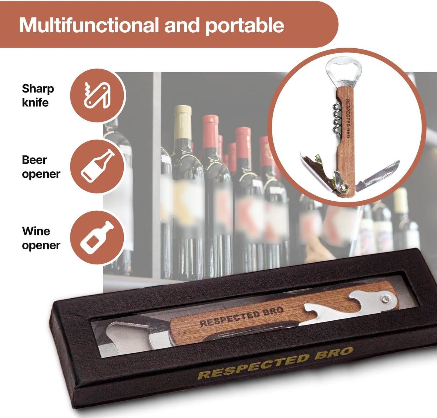 Multifunctional Corkscrews Wine Opener with Foil Cutter and Bottle Opener, Classic Wooden Wine Opener Corkscrew for Home Bar Tool, Idea Gift for Sommelier, Bartenders, and Wine Lovers