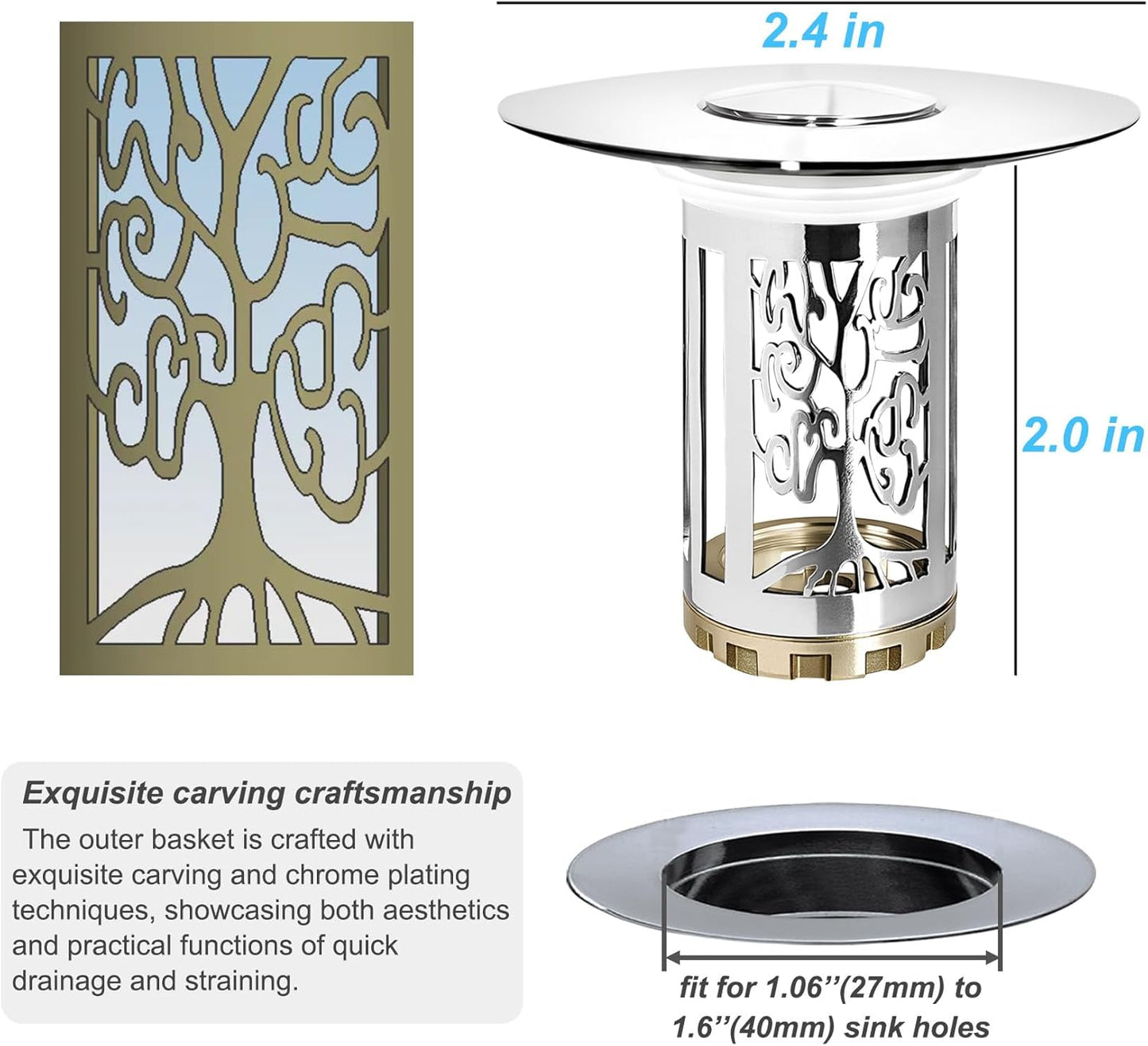 Bathroom Sink Drain Stopper, Bathroom Sink Drain Strainer with Pop Up and Removable Hair Catcher Basket, Universal for 1.06 to 1.6in Sink Drain, Chrome Silver