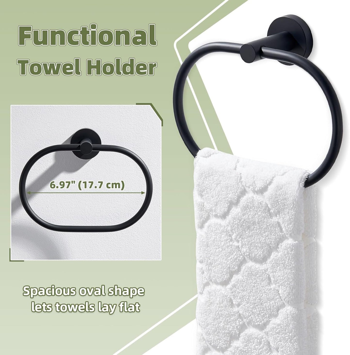 APLusee Matte Black Towel Ring, Stainless Steel Oval Hand Towel Holder for Bathroom Kitchen, Wall Mounted