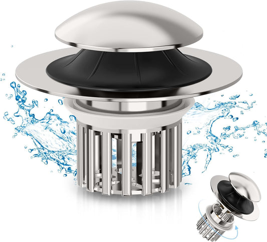 Universal 4 in 1 Bathroom Sink Drain Strainer with Removable Filter Basket, Pop Up Pure Copper Bathroom Sink Stopper, Anti-Clogging Bathroom Drain Stopper Sink Plug (Brushed Nickel)