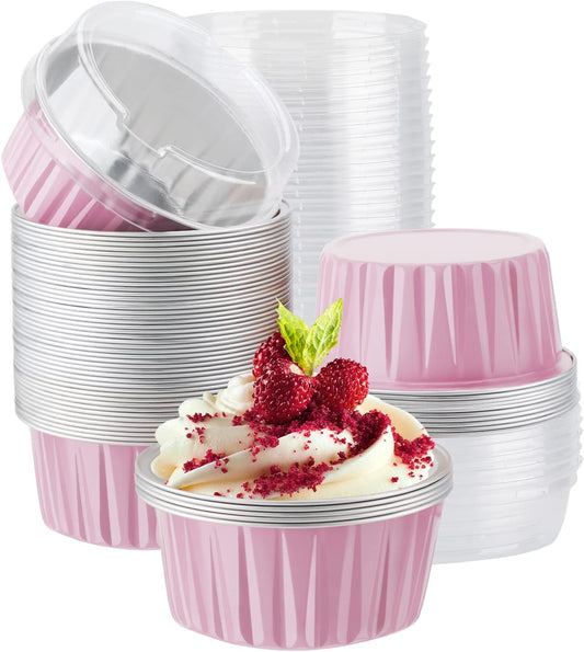 EUSOAR Baking Cups with Lids, Pink 60Packs 5oz Disposable Aluminum Foil Mini Muffin Liners, Dessert Cheesecake Pan Creme Brulee Cupcake Ramekins Containers for Catering Gathering Club Wedding Party