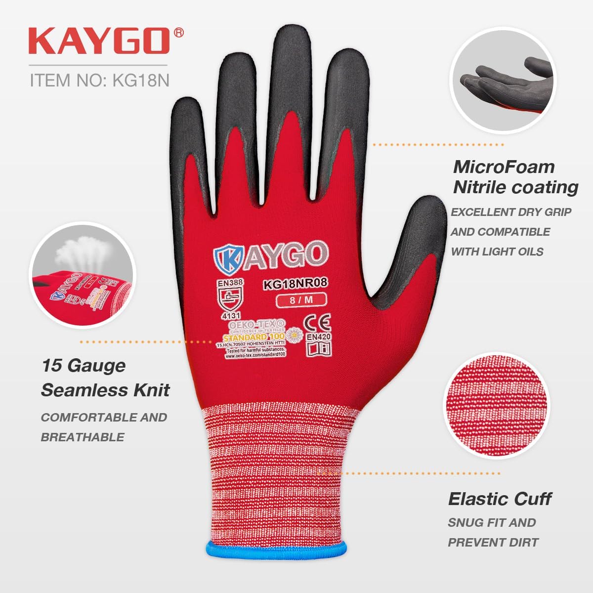 KAYGO Safety Work Gloves MicroFoam Nitrile Coated-3 Pairs, KG18NB,Seamless Knit Nylon Glove with Black Micro-Foam Nitrile Grip,Ideal for General Purpose,Automotive,Home Improvement,Red medium