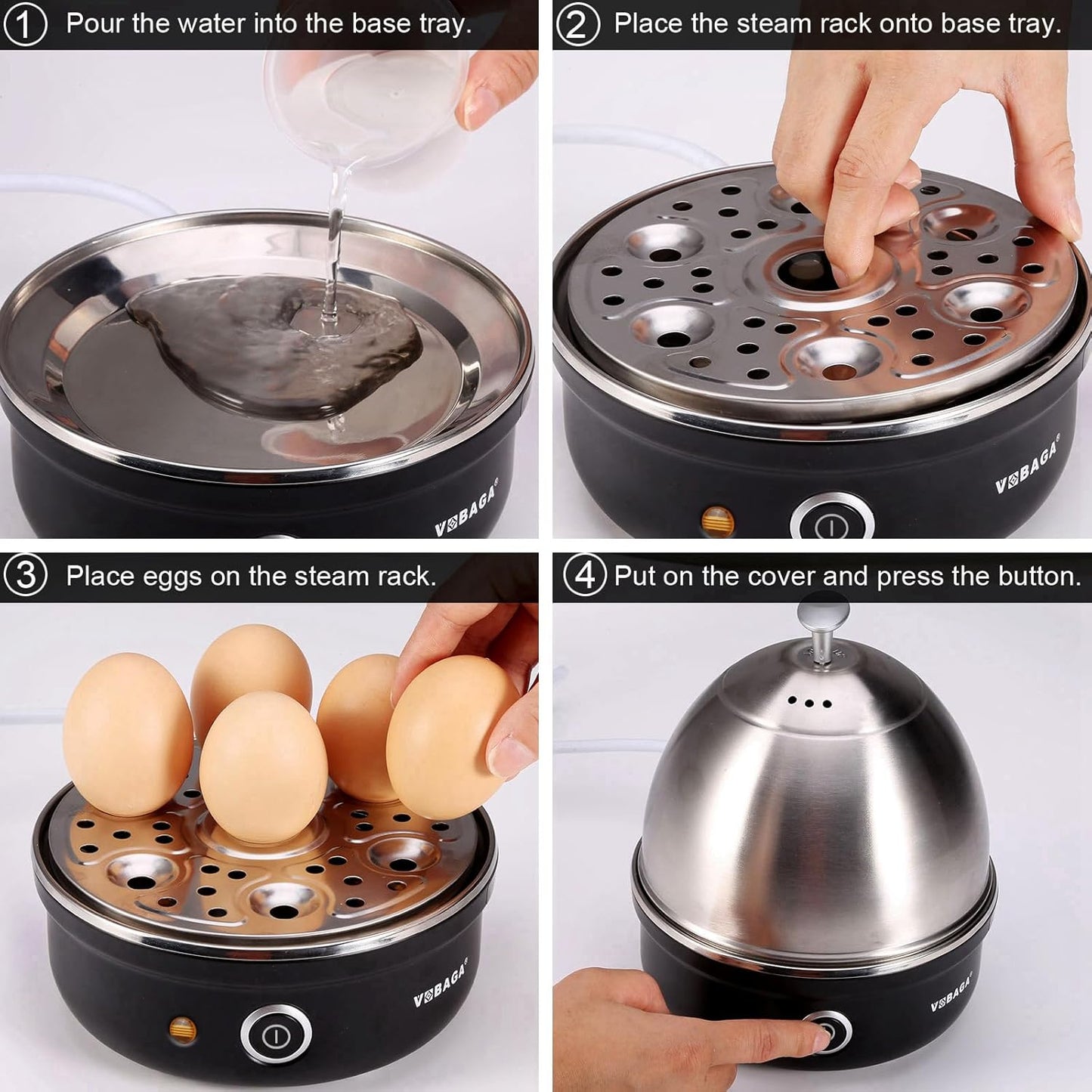 VOBAGA Electric Egg Cooker, Rapid Egg Boiler with Auto Shut Off for Soft, Medium, Hard Boiled, Poached, Steamed Eggs, Vegetables and Dumplings, Stainless Steel Tray with 7-Egg Capacity (Black)