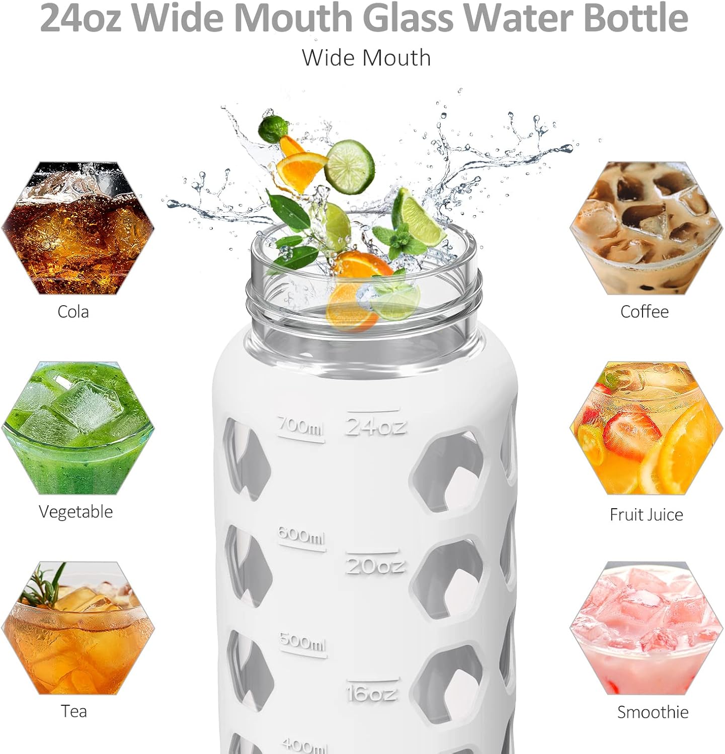 MUKOKO 24oz Glass Water Bottle with 2 Lids-Handle Flip Lid&Bamboo Straw Lid,Motivational Water Tumbler with Time Marker Reminder and Silicone Sleeve, Leakproof-White