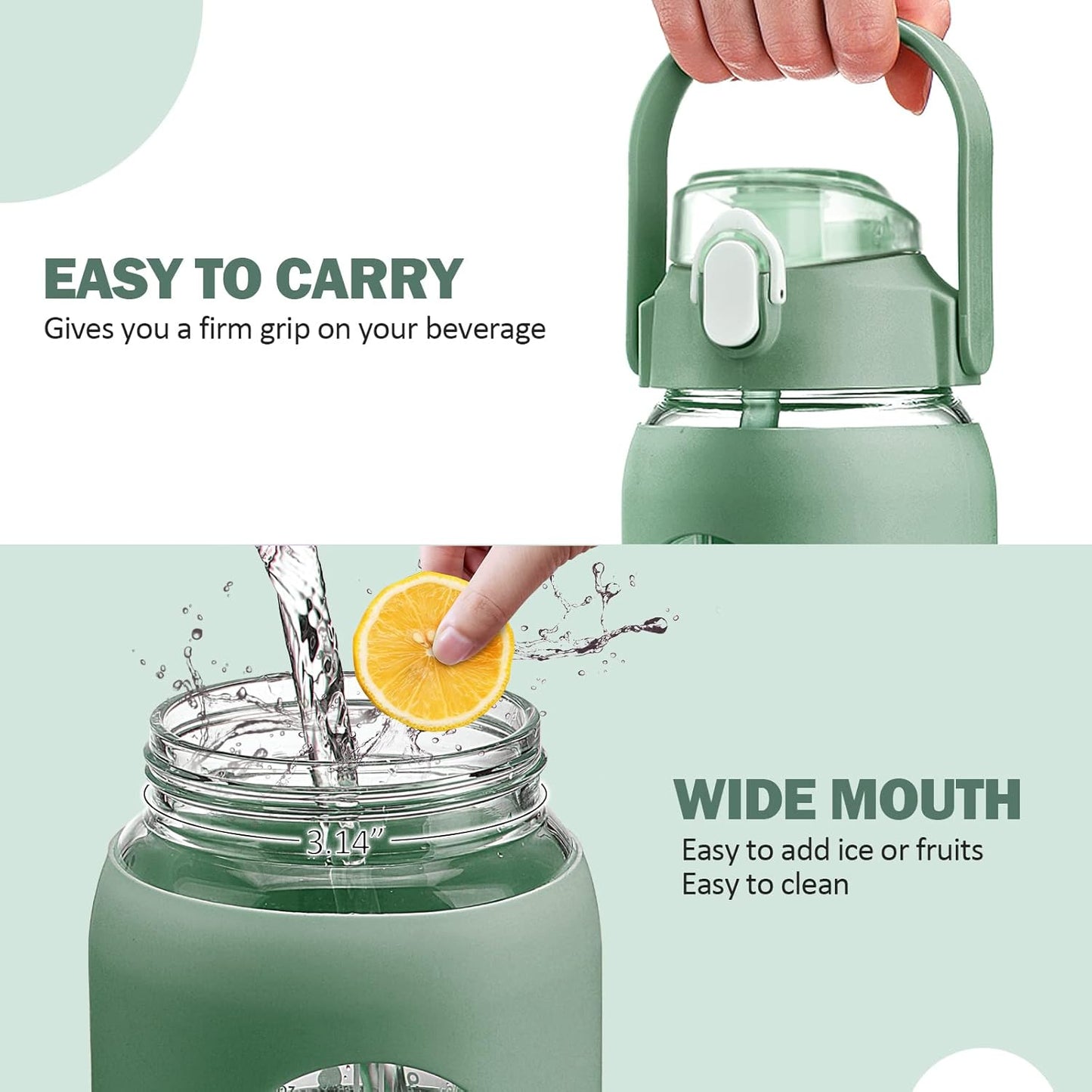 kytffu 64oz Glass Water Bottles with Straw, Half Gallon Motivational Glass Bottle with Silicone Sleeve and Time Marker, 2L Leakproof Large Glass Water Jug for Gym Home Office,olive