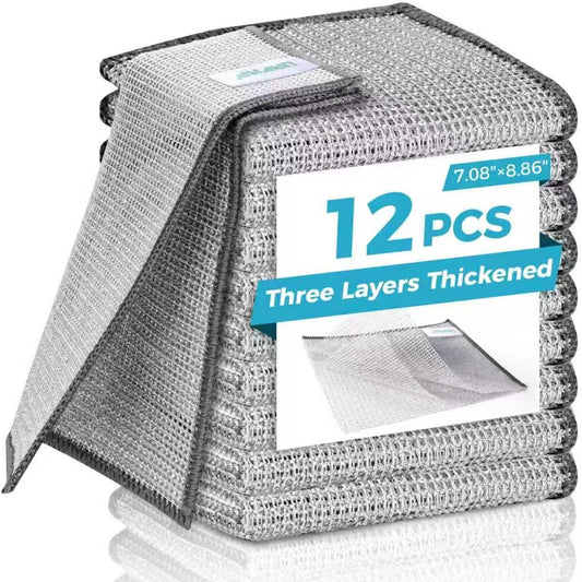 Forggon12 Pcs New Upgrade 3-Layer Metal Dish Cloth, No Scratches and No Odor, Multipurpose Wire Dishwashing Rag for Wet and Dry, Kitchen Cleaning DishRags,Sinks,Dishes,Stove Top, Dimensions(7.08X8.86)