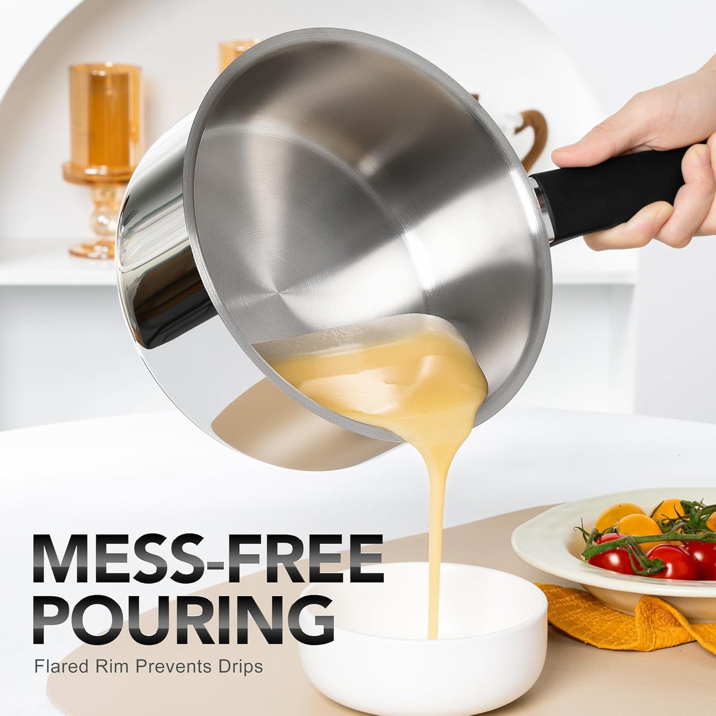 MICHELANGELO Stainless Steel Sauce Pan with Lid 1QT & 2QT & 3QT, TriPly Stainless Steel Saucepans with Straight Bakelite Handle & Square Lid Knob, Nonstick Sauce Pans Set, Induction Compatible