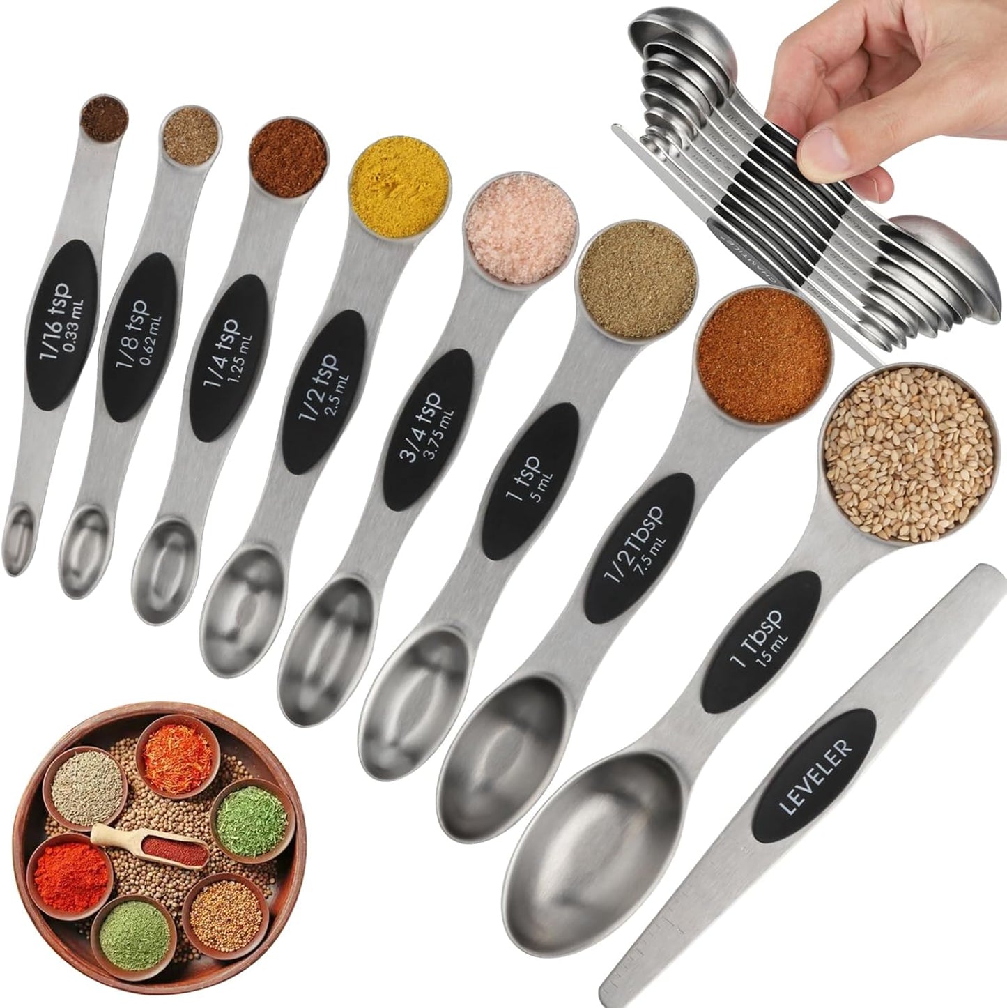 Magnetic Measuring Spoons Set of 9 Stainless Steel Dual Sided Stackable Teaspoon Tablespoon Nesting Measuring Spoon for Measuring Dry and Liquid Ingredients Fits in Spice Jar