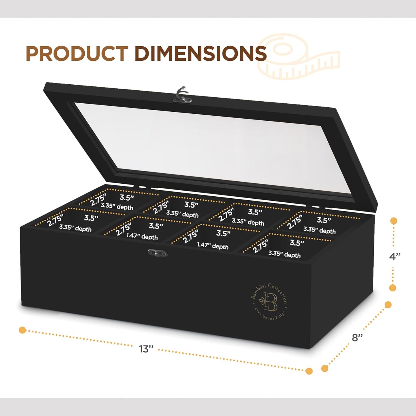 Bambüsi Tea Bag Organizer - Bamboo Tea Box Organizer Storage Box, Tea Bag Holder with Acrylic Window, Magnetic Lid Keeps Tea Bags Fresh - Ideal Gifts Tea Organizer Caddy (Tea Not Included) - Black