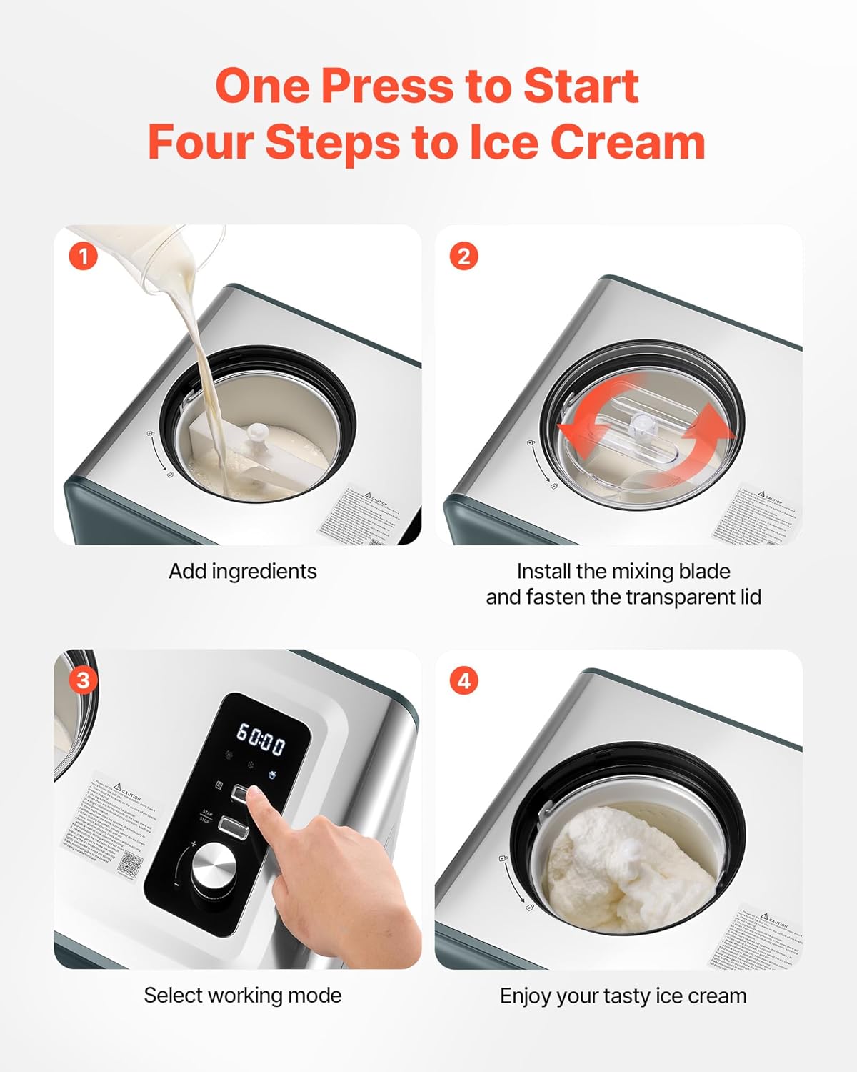 VEVOR Automatic Ice Cream Maker with Built-in Compressor, 1.5 Quart No Pre-freezing Gelato Maker, Stainless Steel Electric Sorbet-Maker, 3 Modes Compressor Ice Cream Machine for Home Kitchen