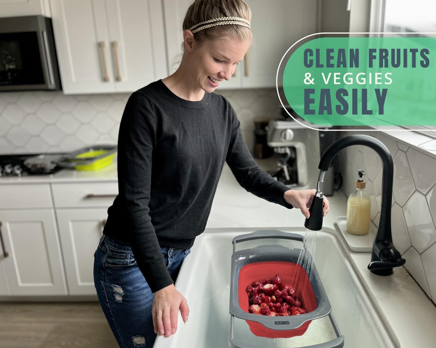 XL Large Kitchen Strainer by Comfify - Collapsible Silicone Over-The-Sink Colander with Extendable Handles - Use with Pasta, Fruit, Berries & Veggie - 6 Quart - Red