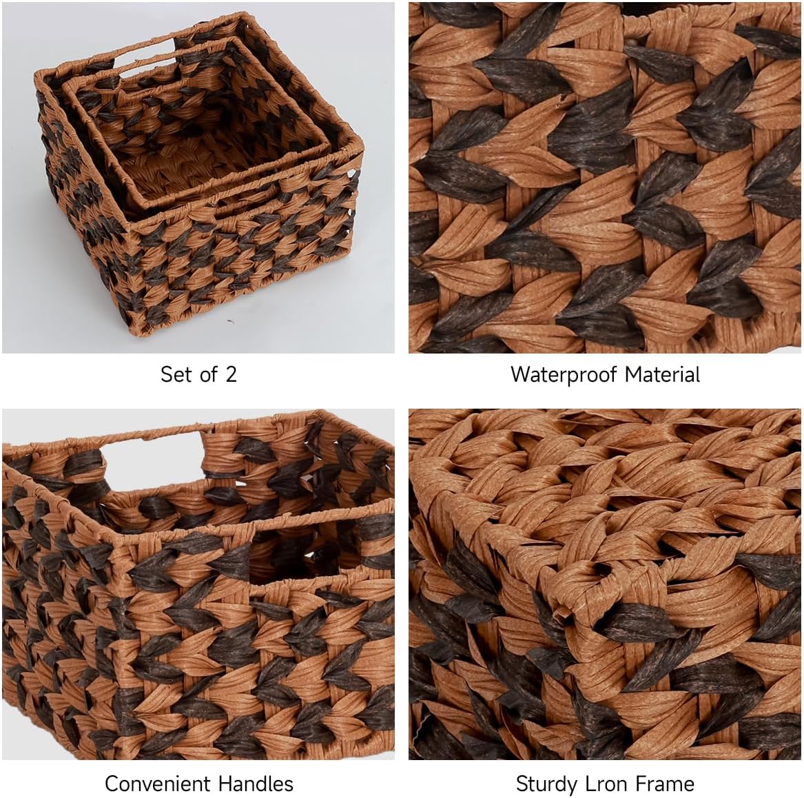 Wicker Baskets, Decorative Storage Boxes with Handles, Rectangular Plastic Wicker Woven Storage Basket for Organizing, 2 Pack Large and Small (Brown & Gray)