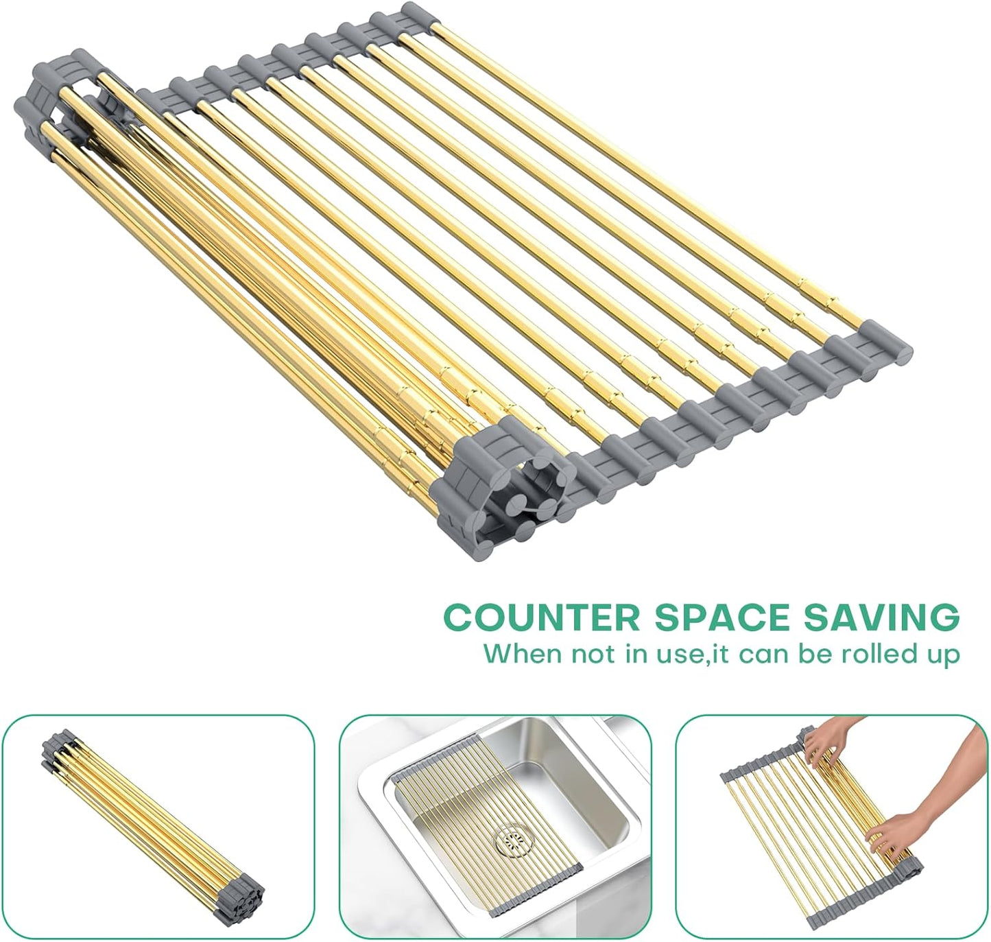 Large Expandable Roll Up Dish Drying Rack, Heat-Resistant Dish Drainer for Stainless Steel Sinks, Over The Sink Non-Slip Silicone Rollable Dish Drainer Roll Rack 18 Tube Gray Silicone & Gold Tube