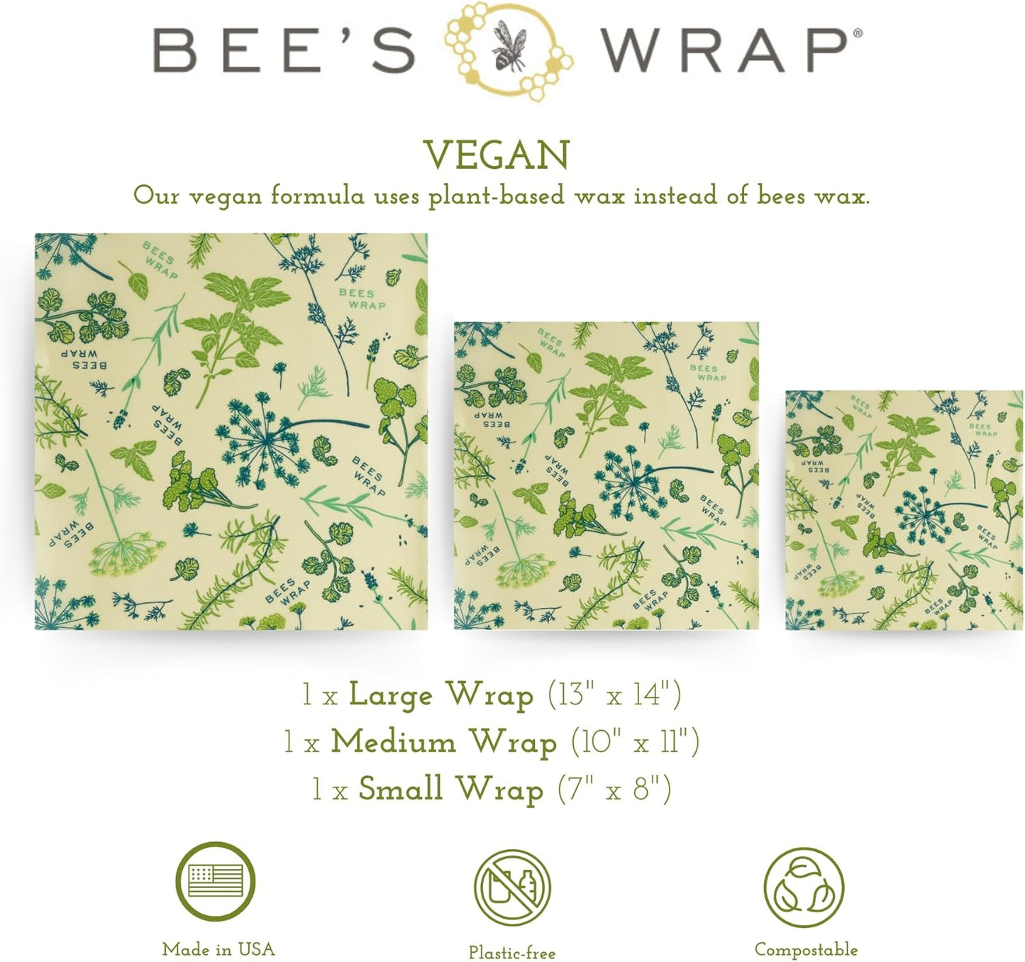 Bee's Wrap Vegan Beeswax Wraps for Food - Vegan Herb Garden 3 Pack (S, M, L) Made in USA Reusable & Organic Food Wraps, Sandwich Wrap & Bowl Covers - Eco Alternative to Aluminum Foil & Plastic Wrap