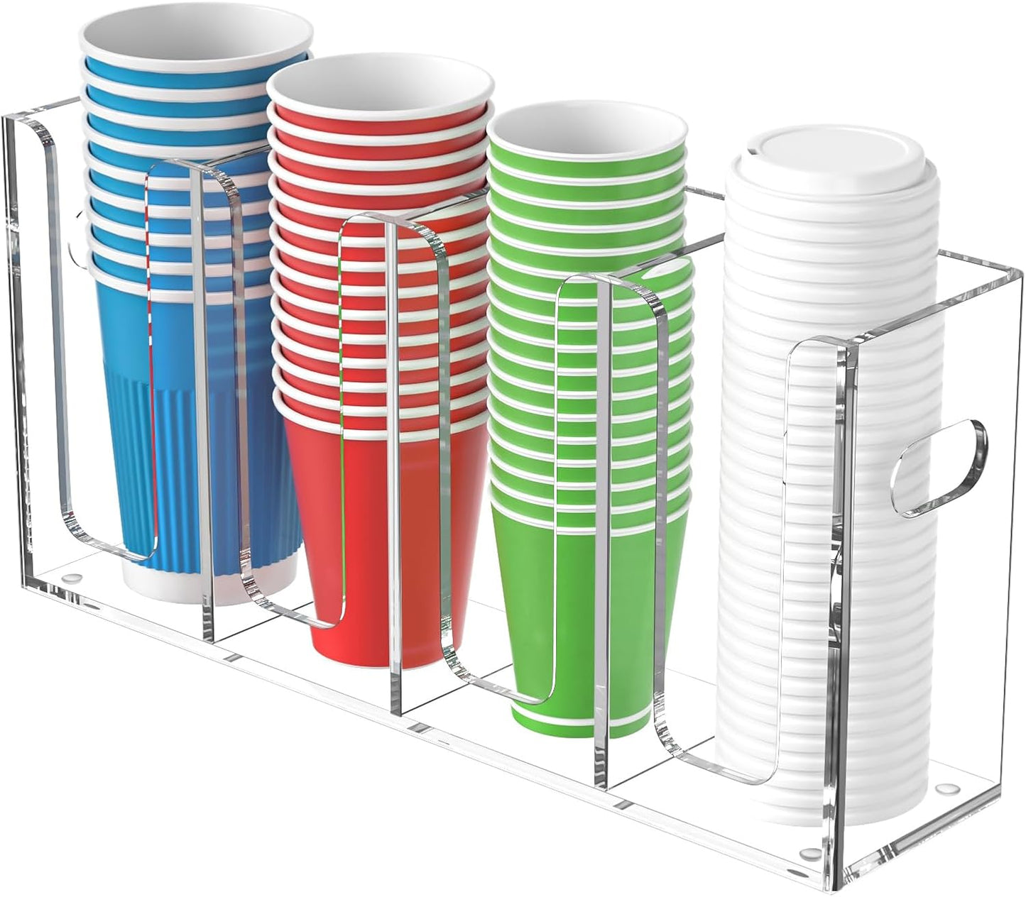 WINFFOR Disposable Cup Organizer Dispenser - 4 Compartments Clear Acrylic Cup and Lid Holder with Handles Plastic Cup Dispenser Countertop Paper Cup Holder for Coffee Bar House Party Essentials
