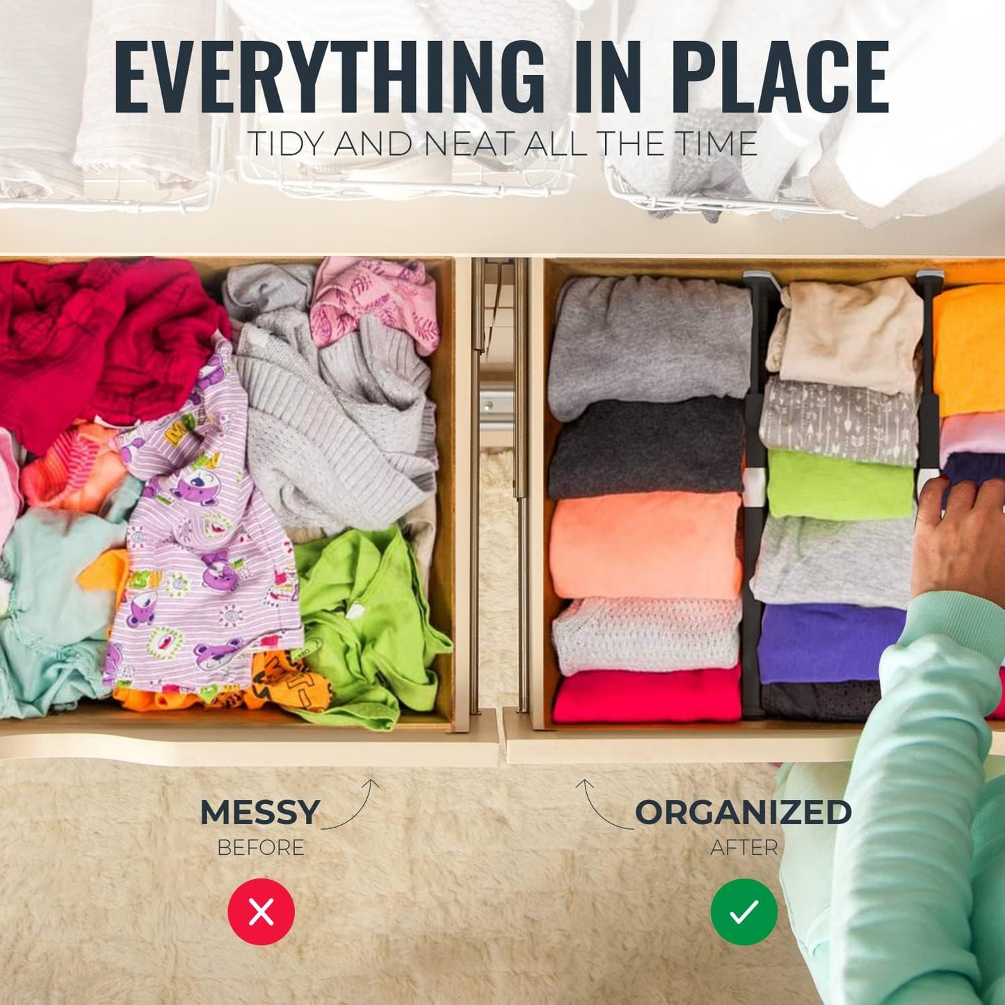 RAPTUROUS Adjustable Drawer Dividers 6 Pack, 4” High, 11-17” Long, Dresser Drawer Organizer for Bedroom, Closet, Kitchen, Nursery, Office, Strong Hold, Soft Foam Edges, Black