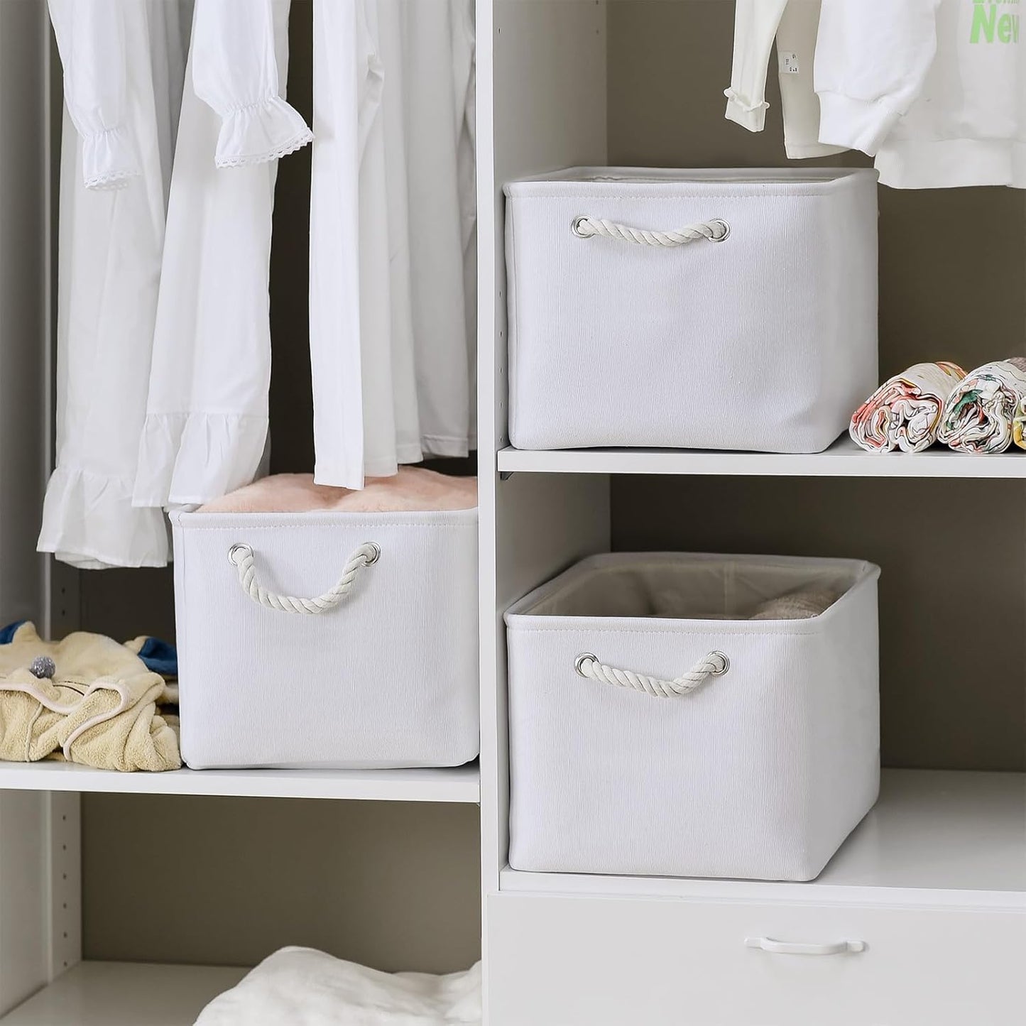 TheWarmHome Storage Basket for Shelves - 15.8x11.8x11.8 inch 3 Pack Fabric Storage Cubes, Collapsible Storage Bin for Organizing Organizer Closet Book Gift Dog(White)