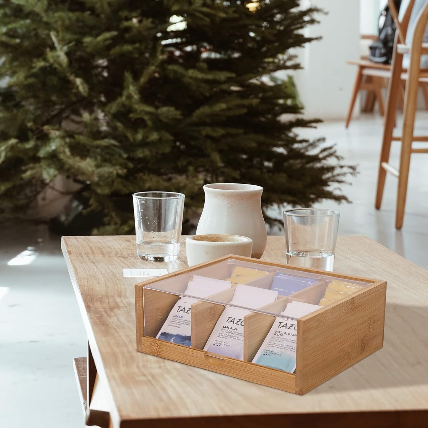 HTB Tea Bag Organizer 6 Compartments Gift Box Bamboo Tea Organizer for Tea Bags with Acrylic Transparent Hinged Lid