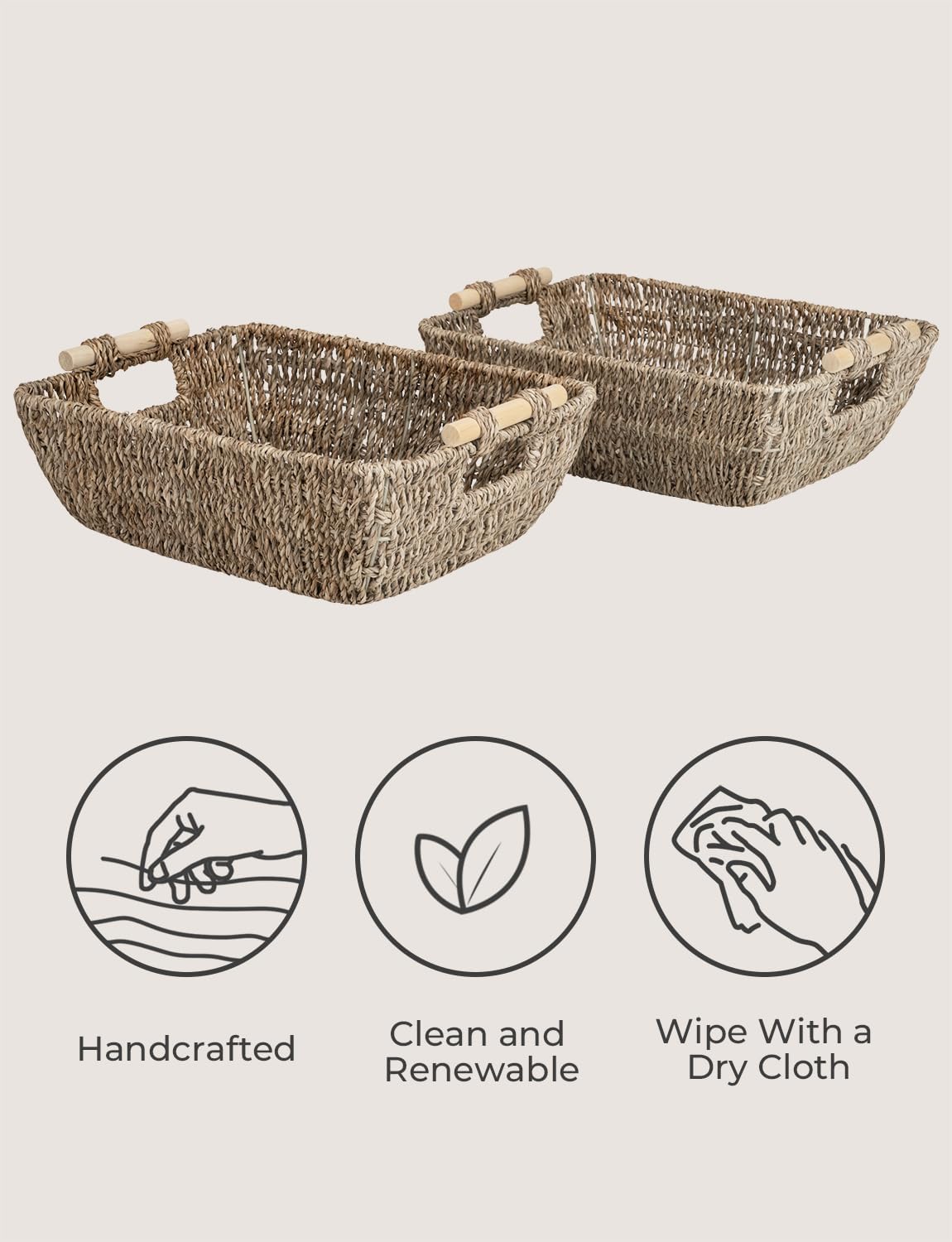 StorageWorks Hand-Woven Large Storage Baskets with Wooden Handles, Seagrass Wicker Baskets for Organizing, 2-Pack