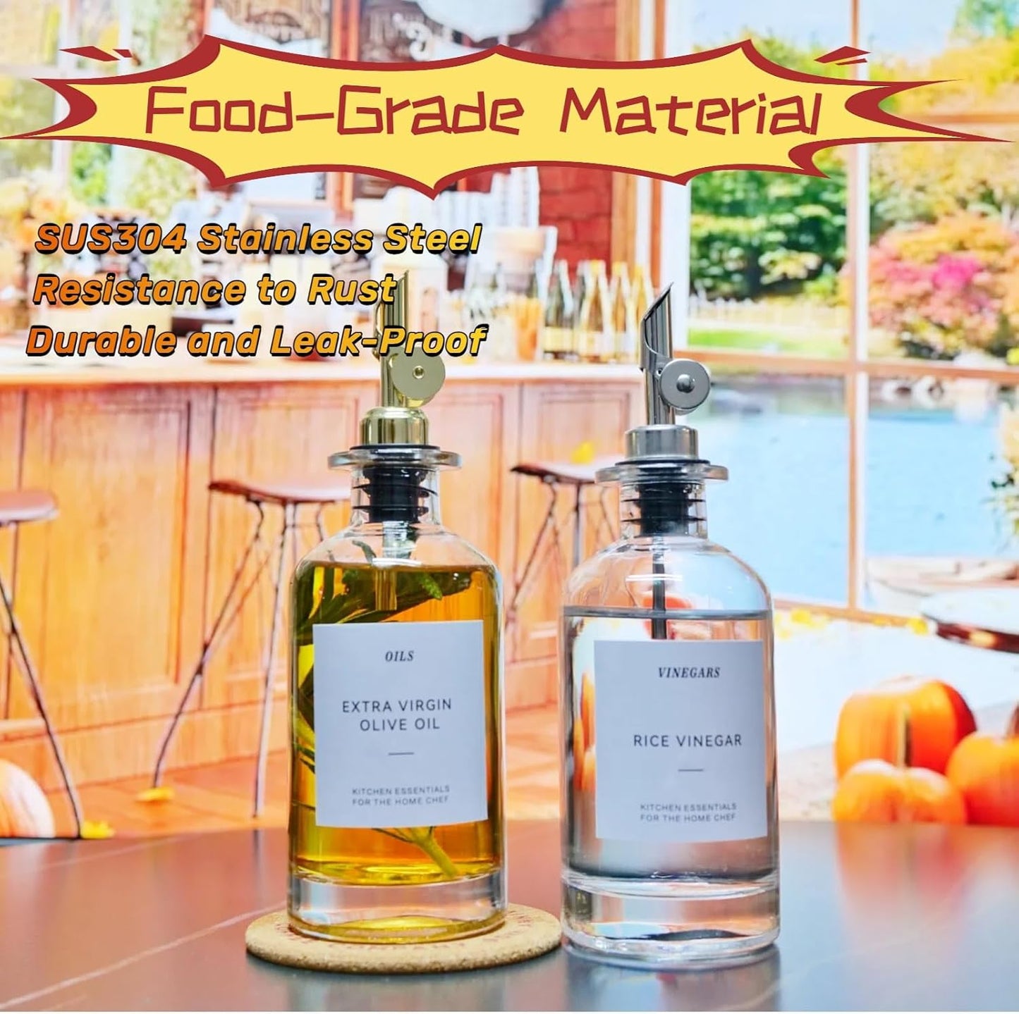 Olive Oil Dispenser Spout, Weighted Liquor Pour Spout, Syrup Dispenser Spout, Stainless Steel Automatic Pour Spouts for Liquor Bottles, Oil Bottles, Vinegar, Syrup and Alcohol 4 Pack Sliver