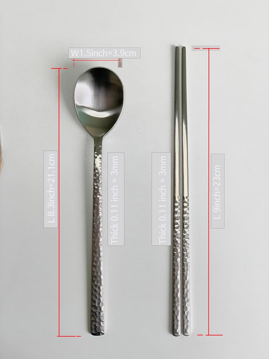 Korean Made Silver Glossy Hammered Stainless Steel Korean Spoon & Chopstick SET Gift for Mom (4SET)