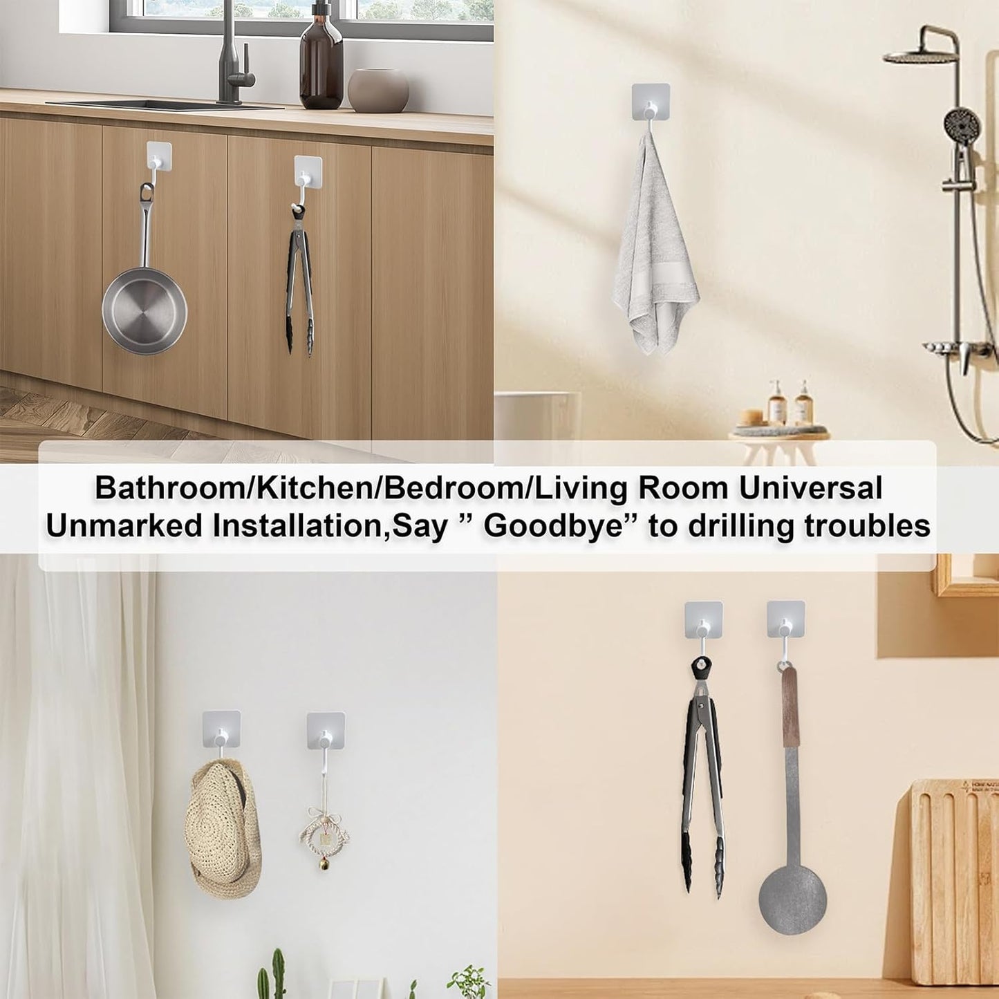 Aluminum Wall Hooks, No Drill Damage-Free Adhesive Hook, Product for Hanging Heavy Duty for Bathroom Kitchen Home (Curved Square White Hook, 4)