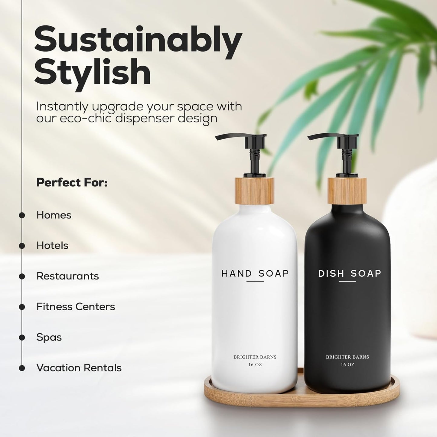 Luxury Glass Hand and Dish Soap Dispenser Set by Brighter Barns - Kitchen Soap Dispenser Set with Tray - Bamboo Pump Bottle for Kitchen Sink - Boho Home Decor, Modern Decor in Restaurant (Black/White)