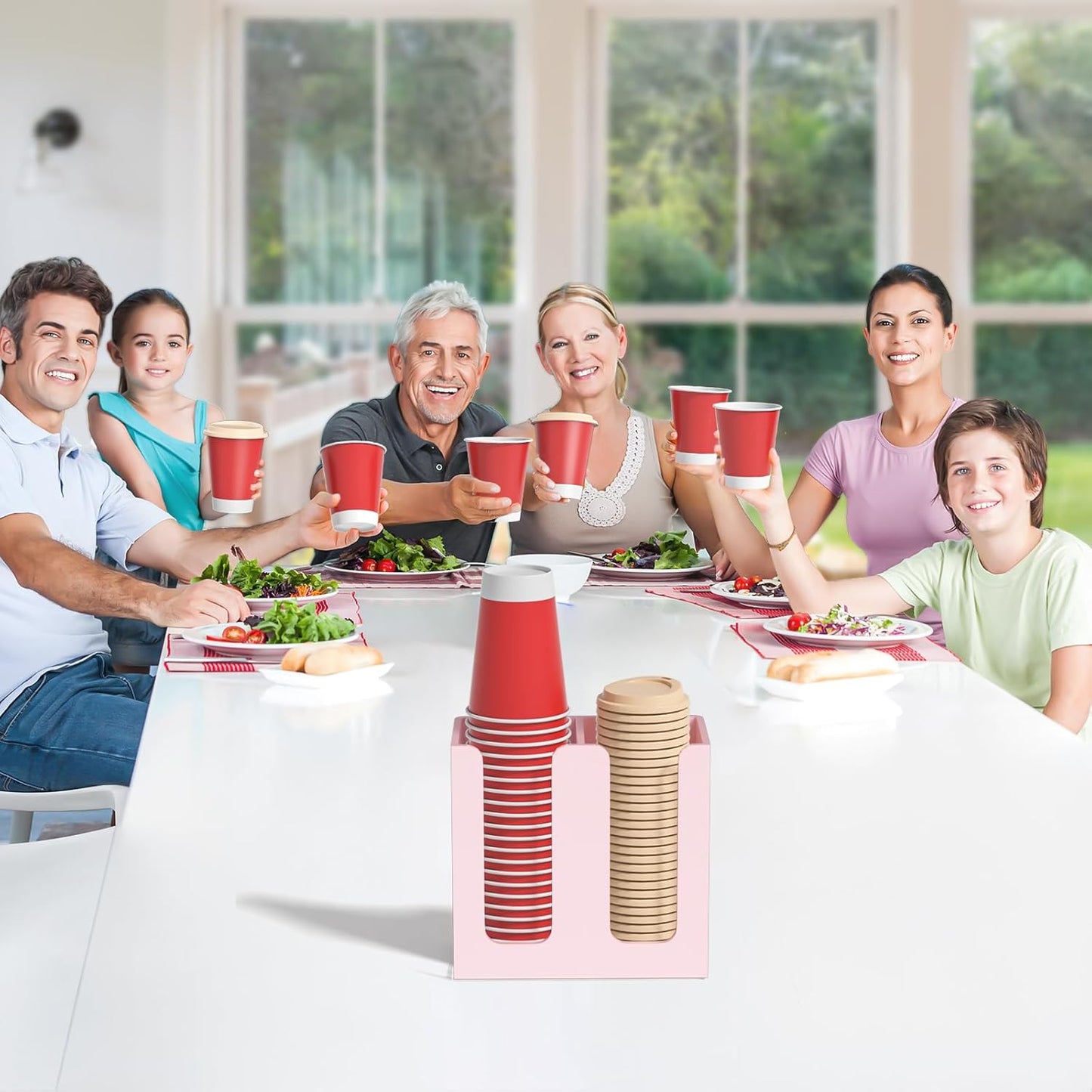 WINFFOR Disposable Cup Organizer Dispenser - 2 Compartments Lightpink Acrylic Cup and Lid Holder with Handles Plastic Cup Dispenser Countertop Paper Cup Holder for Coffee Bar House Party Essentials