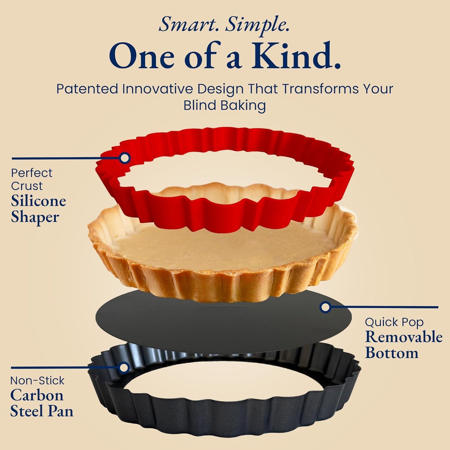 Patz&Patz Fluted Tart Pan 9 Inch Removable Bottom with Patented Silicone Crust Shaper | Nonstick Carbon Steel Quiche Baking Dish, Fruit Tart Molds for Baking, Quiche Pan & Pie Mold - PFOA & PTFE-Free