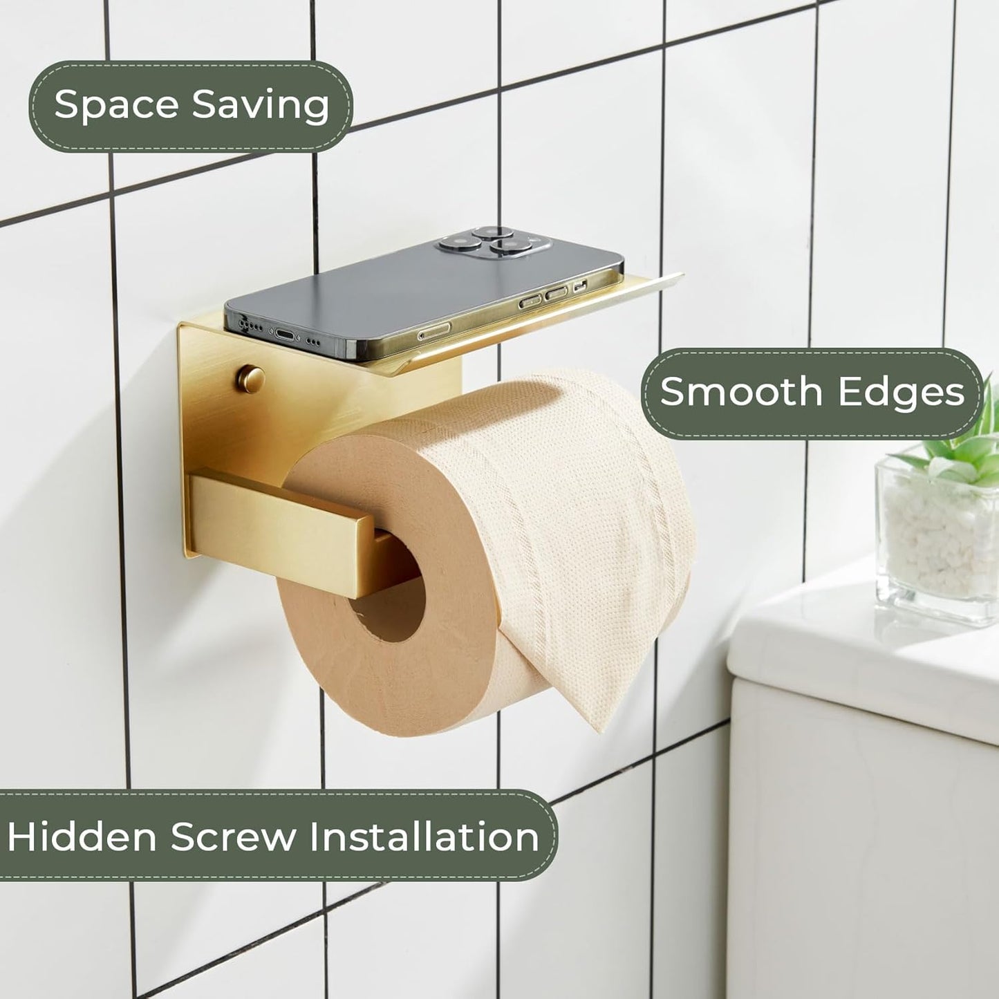 KOKOSIRI Toilet Paper Holder with Shelf Toilet Roll Holder for Bathroom Restroom T-304 Stainless Steel Wall Mounted, Gold Finish, B2010BG