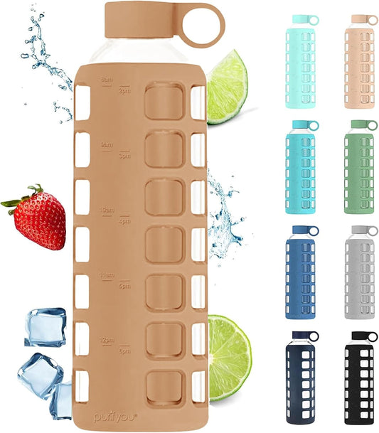 purifyou 40oz / 32oz / 22oz / 12oz Borosilicate Glass Water Bottle with Time & Volume Markers, Silicone Sleeve, Stainless Steel Lid – Reusable Glass Bottle for Water & Juice (32oz Iced Coffee)