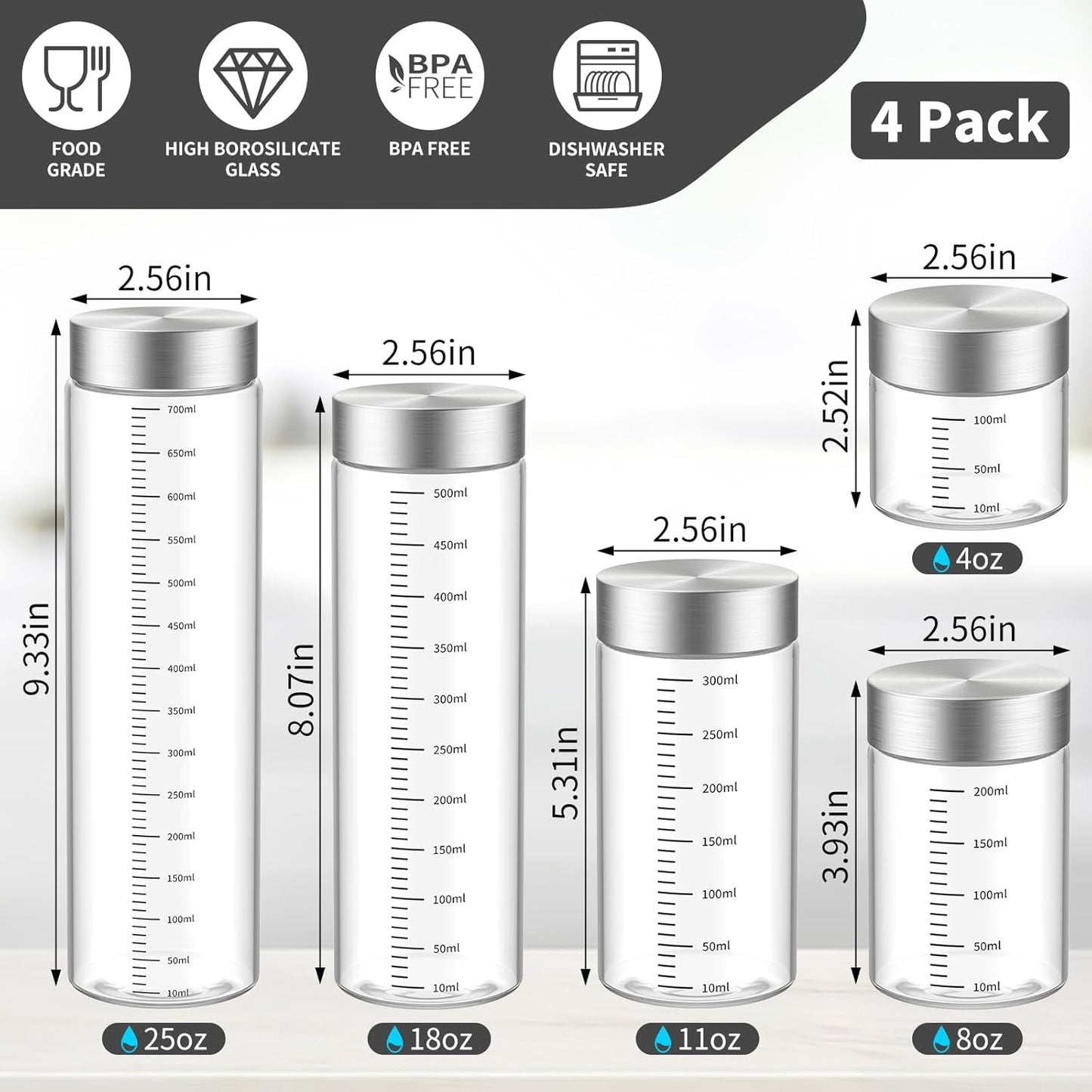 25 Oz Glass Juice Bottles, 4 Pack Glass Bottles with Lids, BPA Free, Borosilicate Glass, Leak Proof Lids for Juicing, Smoothies, Infused Water, Beverage Storage, Shaker Bottles