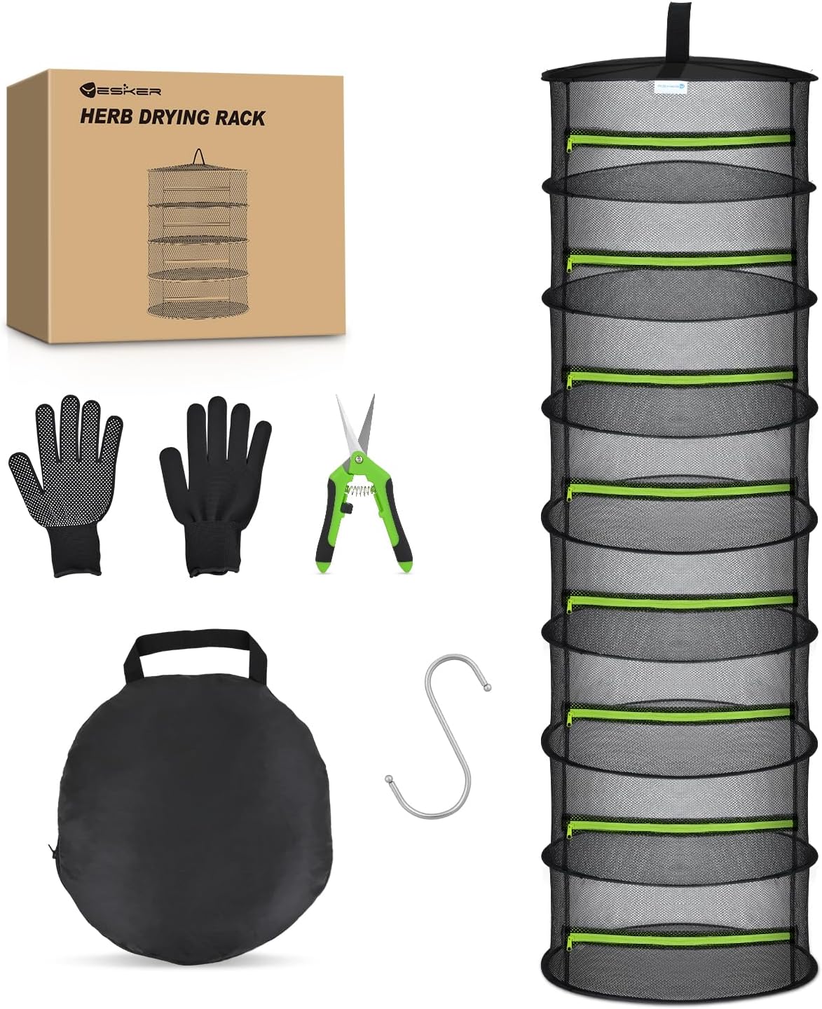 Yesker 8 Layer Herb Drying Rack Hanging Mesh Foldable Plant Drying Racks 24" w Green Zipper Pruning Shears Gloves Dryer Hanging Rack for Herbs Seed Bud Fruit Clothes Grow Tent Closets Garden Outdoor