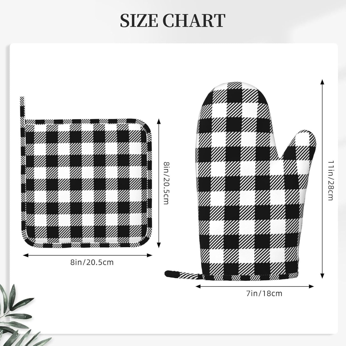 Black Checked Pattern Oven Mitts and Pot Holders Set of 4 Silicone Gingham Plaid Check Black Kitchen Mitten Gloves and Potholders Set Heat Resistant Oven Gloves Hot Holders for Kitchen