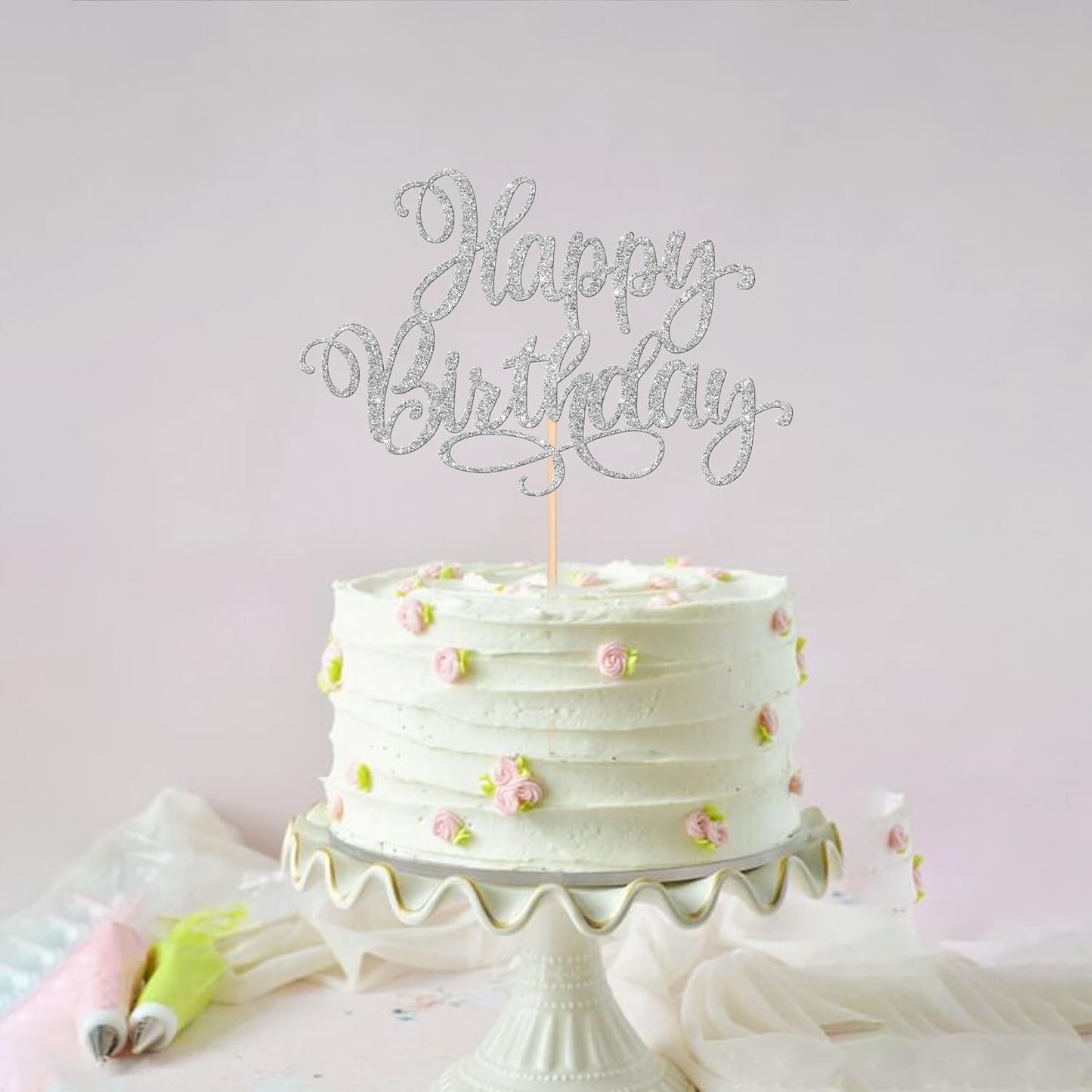 ZHUOWEISM 1 PCS Happy Birthday Cake Topper Glitter Happy Birthday Cake Pick for Celebrating Happy Birthday Anniversary Party Cake Decorations Supplies Silver