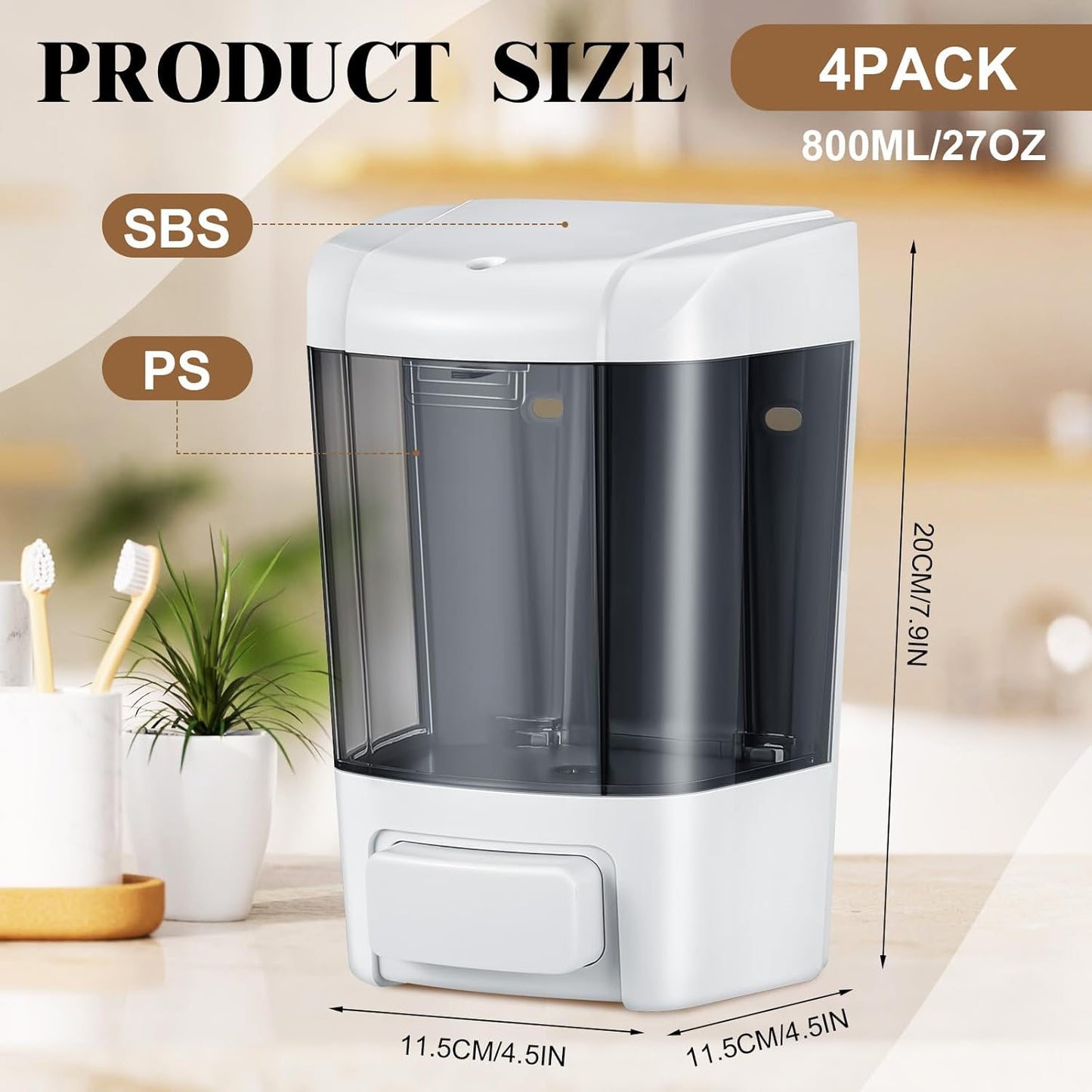 Hushee 4 Pcs Plastic Wall Mounted Soap Dispenser Commercial Manual Soap Containers Wall Dispenser for Kitchen Shower Hotel Liquid Shampoo Gel Chamber(27 oz 800 ml,Brown)