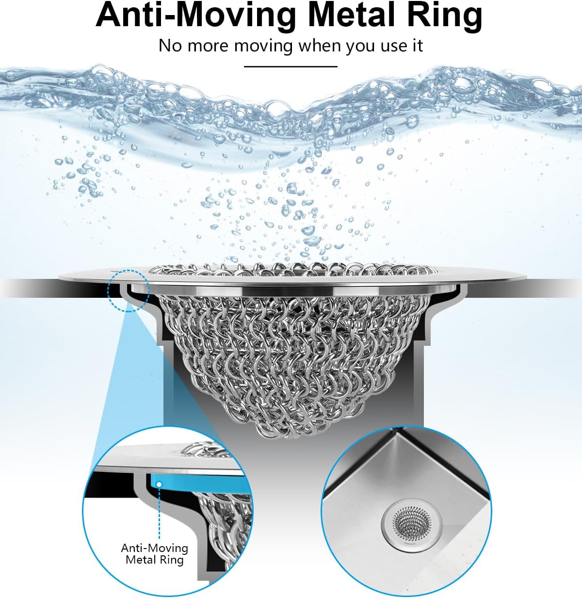 Sink Drain Strainer: Anti-Slip Flexible Chainlink, 304 Stainless Steel. Upgraded Clog-Free Kitchen Version, Easy-Clean Catcher for Garbage Disposal