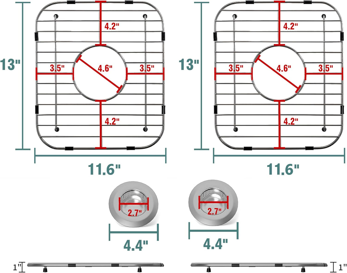 2Pack Sink Protectors for Kitchen Sink, 13’’x11-5/8’’ Stainless Steel Sink Protector with Center Drain, Rust Resistant Sink Grate for Bottom of Kitchen Sink with 2Pack Sink Drain Strainer