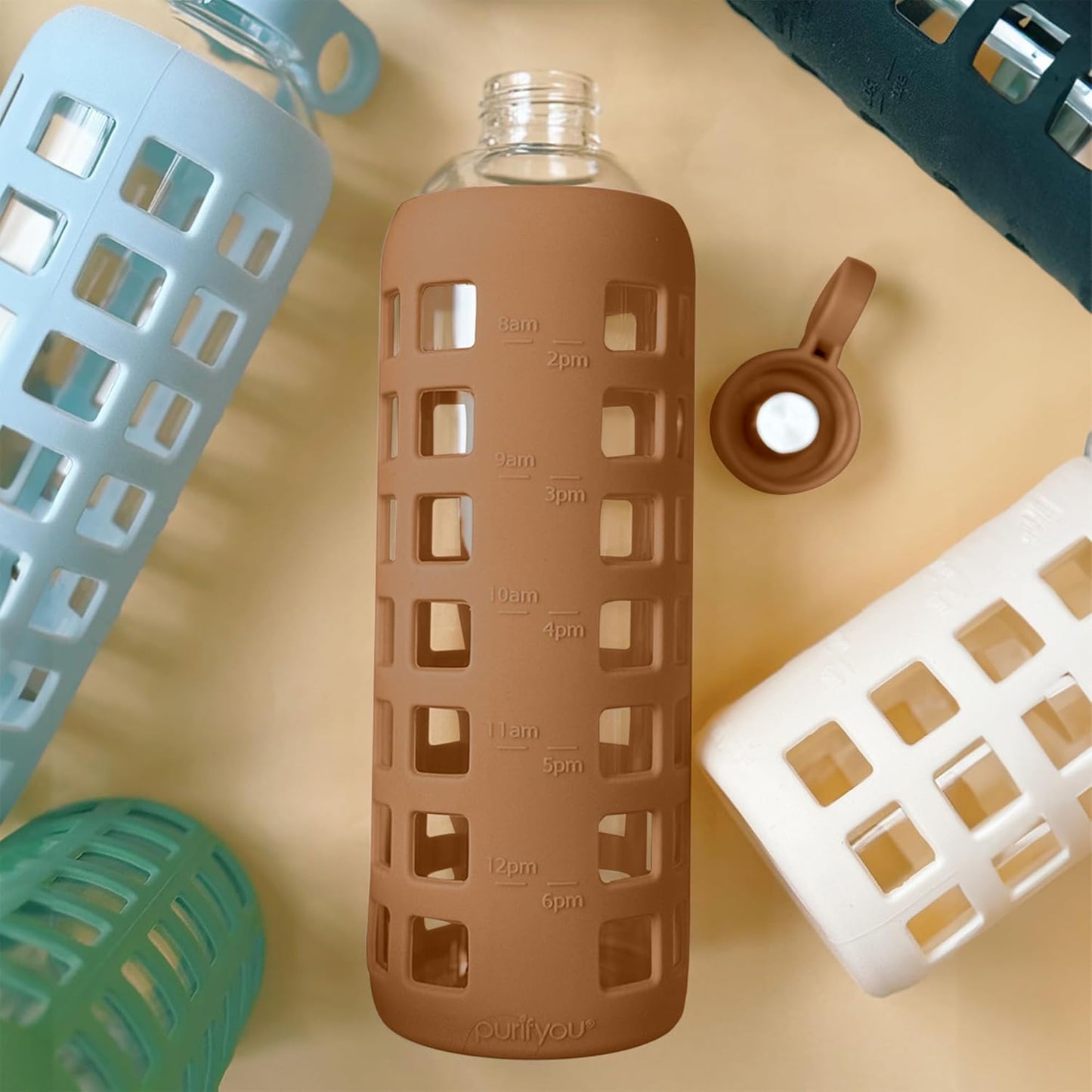 purifyou 40oz / 32oz / 22oz / 12oz Borosilicate Glass Water Bottle with Time & Volume Markers, Silicone Sleeve, Stainless Steel Lid – Reusable Glass Bottle for Water & Juice (40oz Iced Coffee)